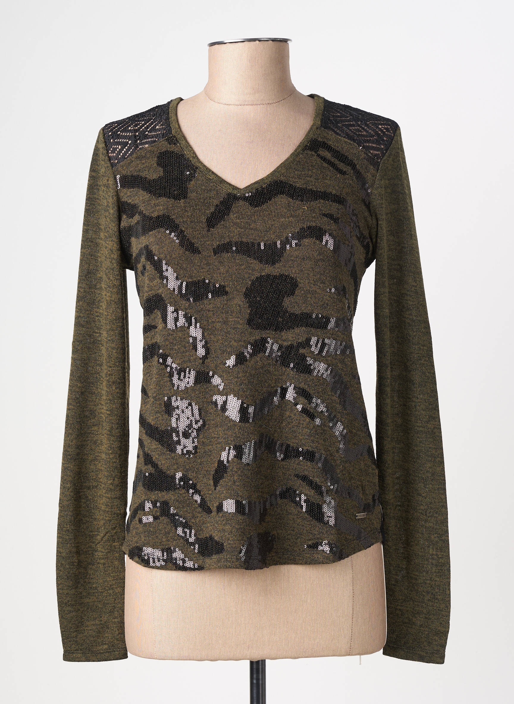 Pull coupe cintrée manches longues vert FELINO femme