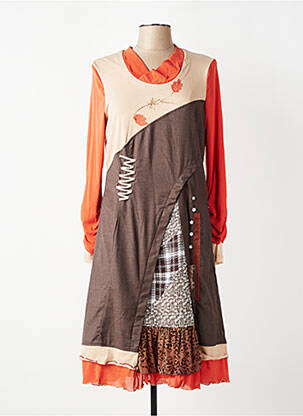 Robe mi-longue tissage crêpe manches longues orange ENJOY femme