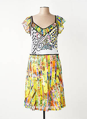 Robe mi-longue imprimé fleurs manches courtes jaune EVALINKA femme