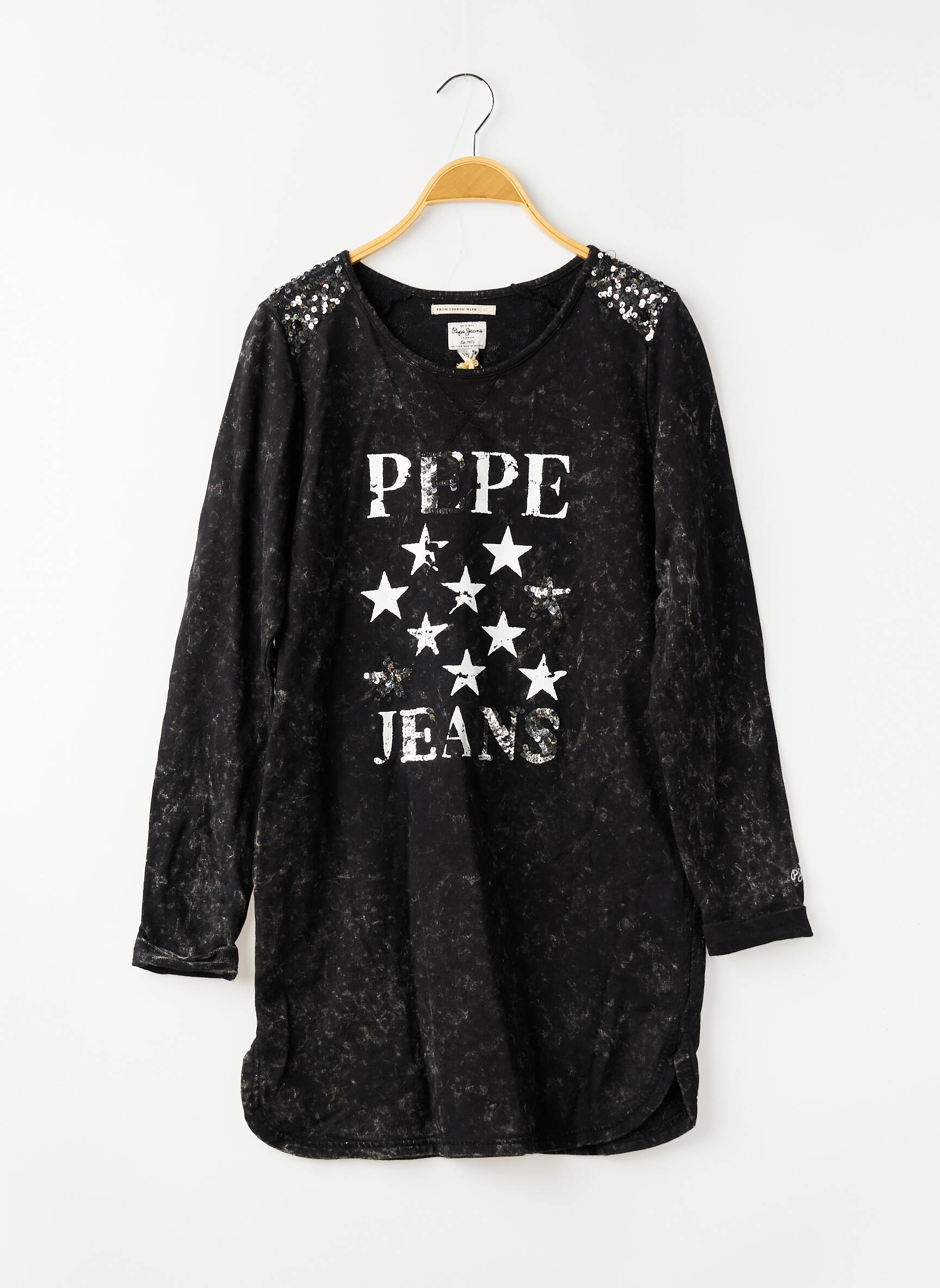 Robe mi-longue col rond manches longues noir PEPE JEANS fille
