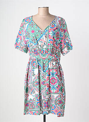 Robe mi-longue imprimé fleurs manches courtes vert C'EST BEAU LA VIE femme