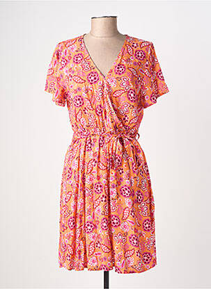 Robe mi-longue imprimé fleurs manches courtes orange C'EST BEAU LA VIE femme