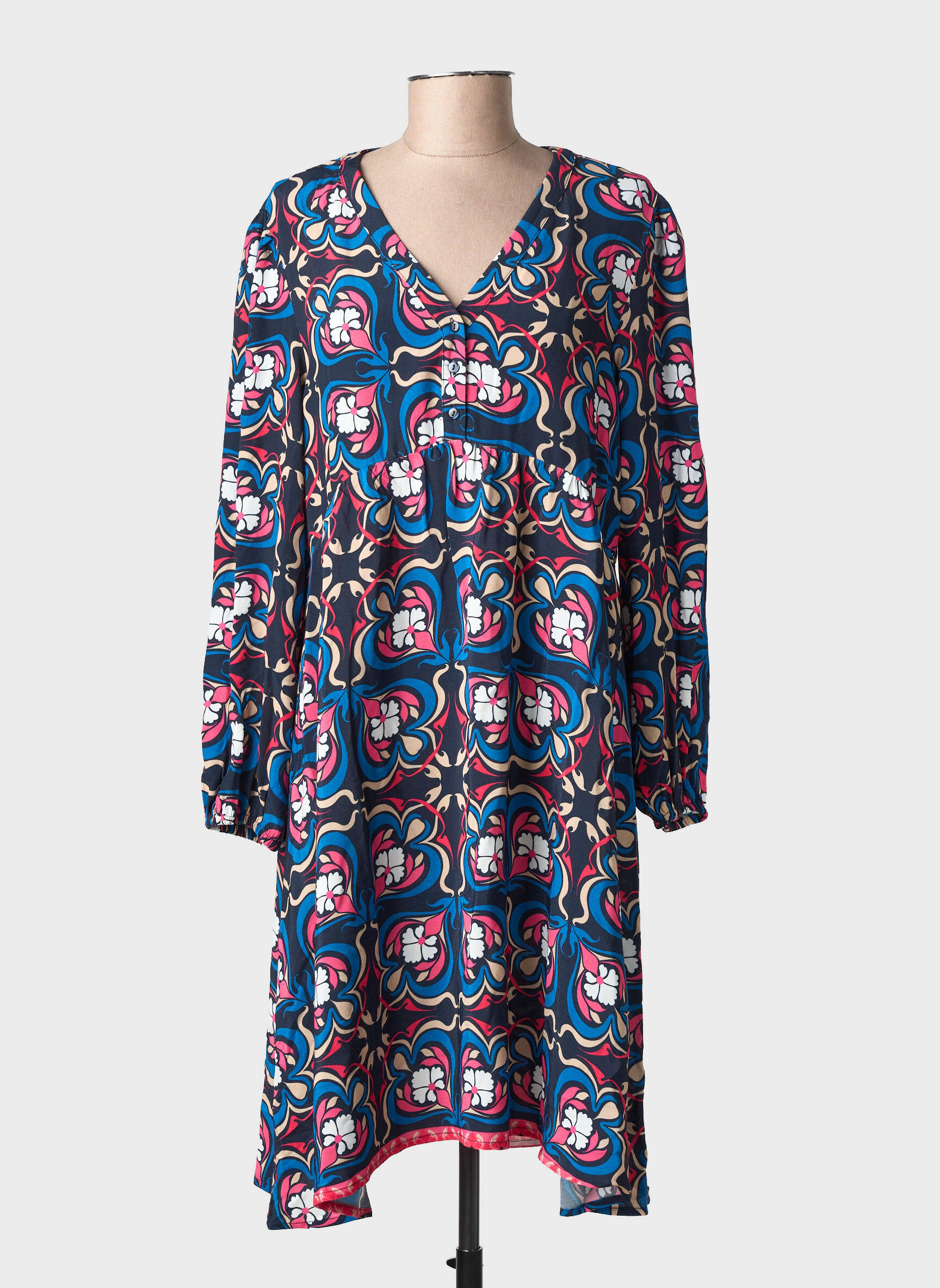 Robe mi-longue coupe fluide manches longues bleu C'EST BEAU LA VIE femme