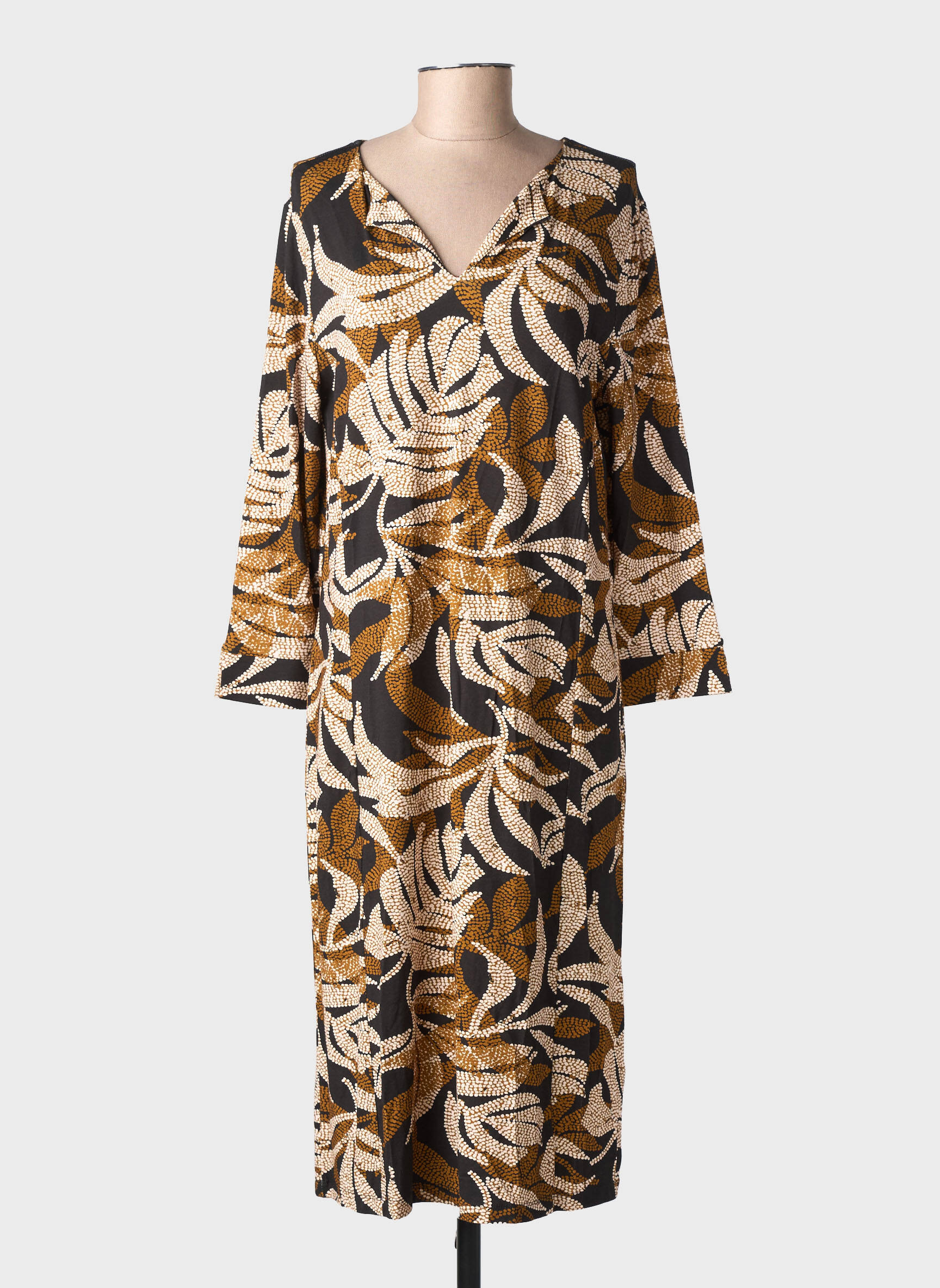 Robe mi-longue imprimé fantaisie manches longues marron IVY BEAU femme