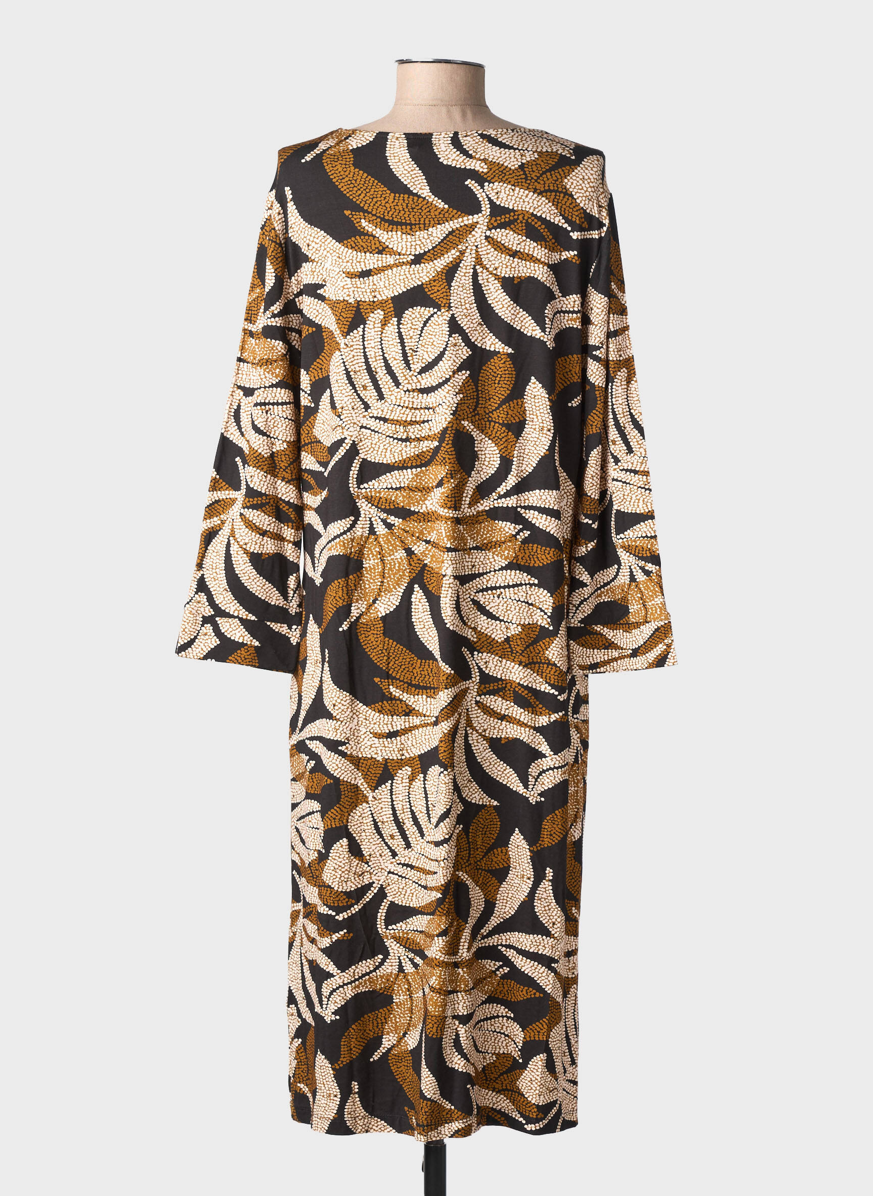 Robe mi-longue imprimé fantaisie manches longues marron IVY BEAU femme