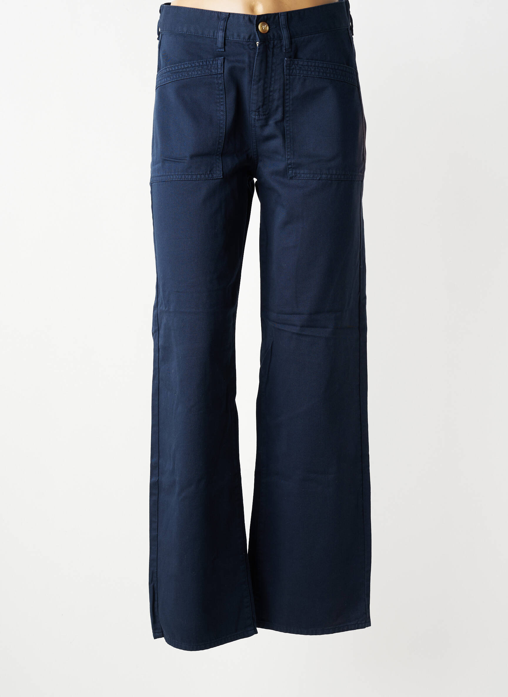 Pantalon droit fermeture zippée sous rabat boutonné bleu HAPPY femme