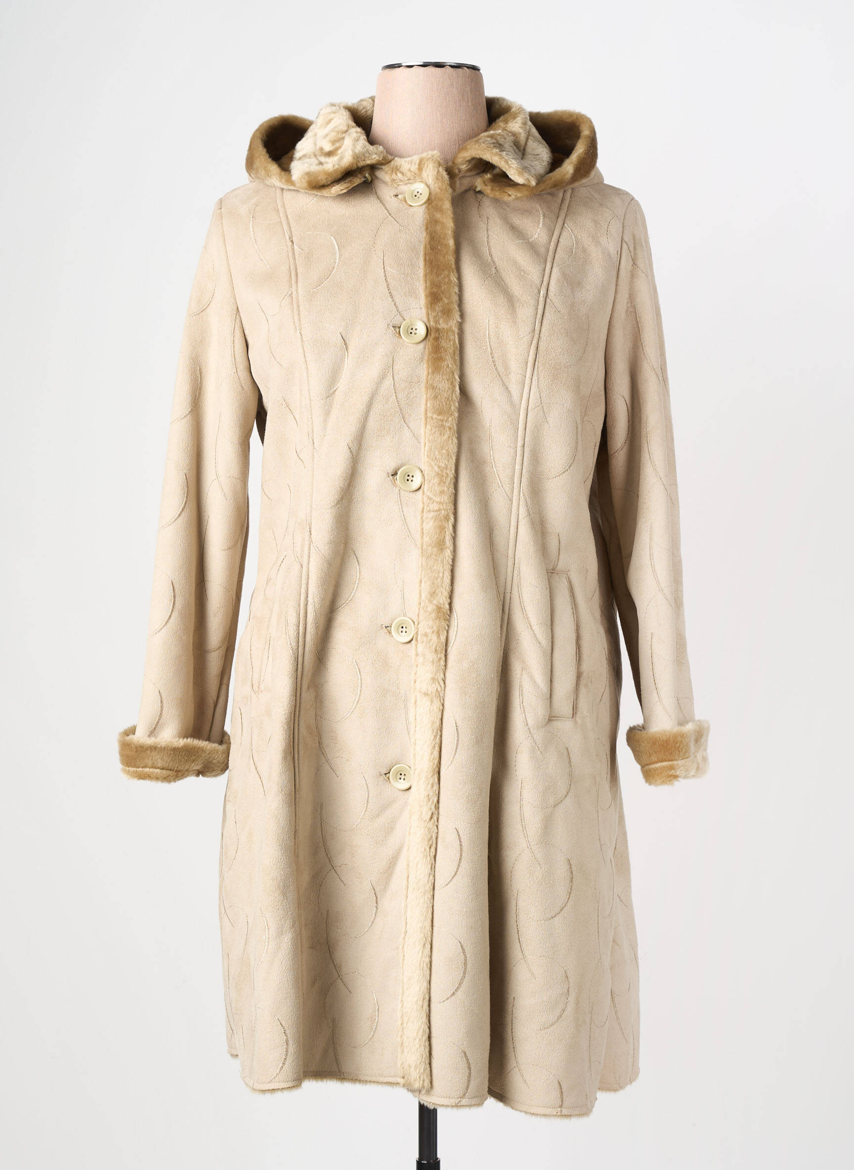 Manteau long finition intérieure fourrure synthétique a capuche beige DAMART femme