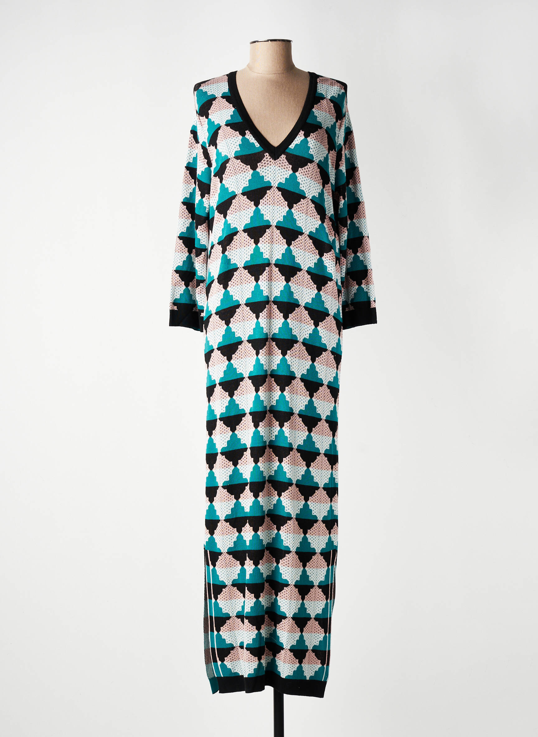 Robe pull col v manches longues bleu LA FEE MARABOUTEE femme
