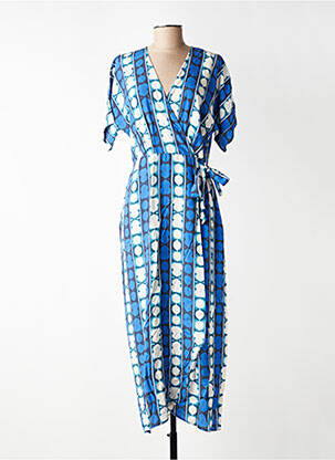 Robe longue tissage popeline manches courtes bleu LA FEE MARABOUTEE femme