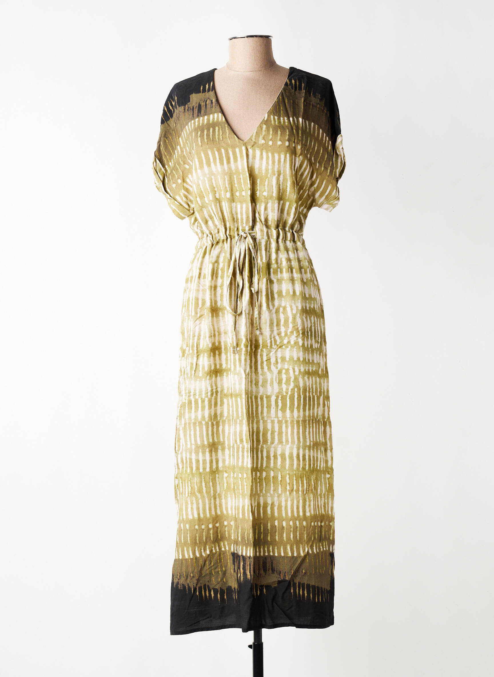 Robe longue tissage popeline manches courtes vert LA FEE MARABOUTEE femme