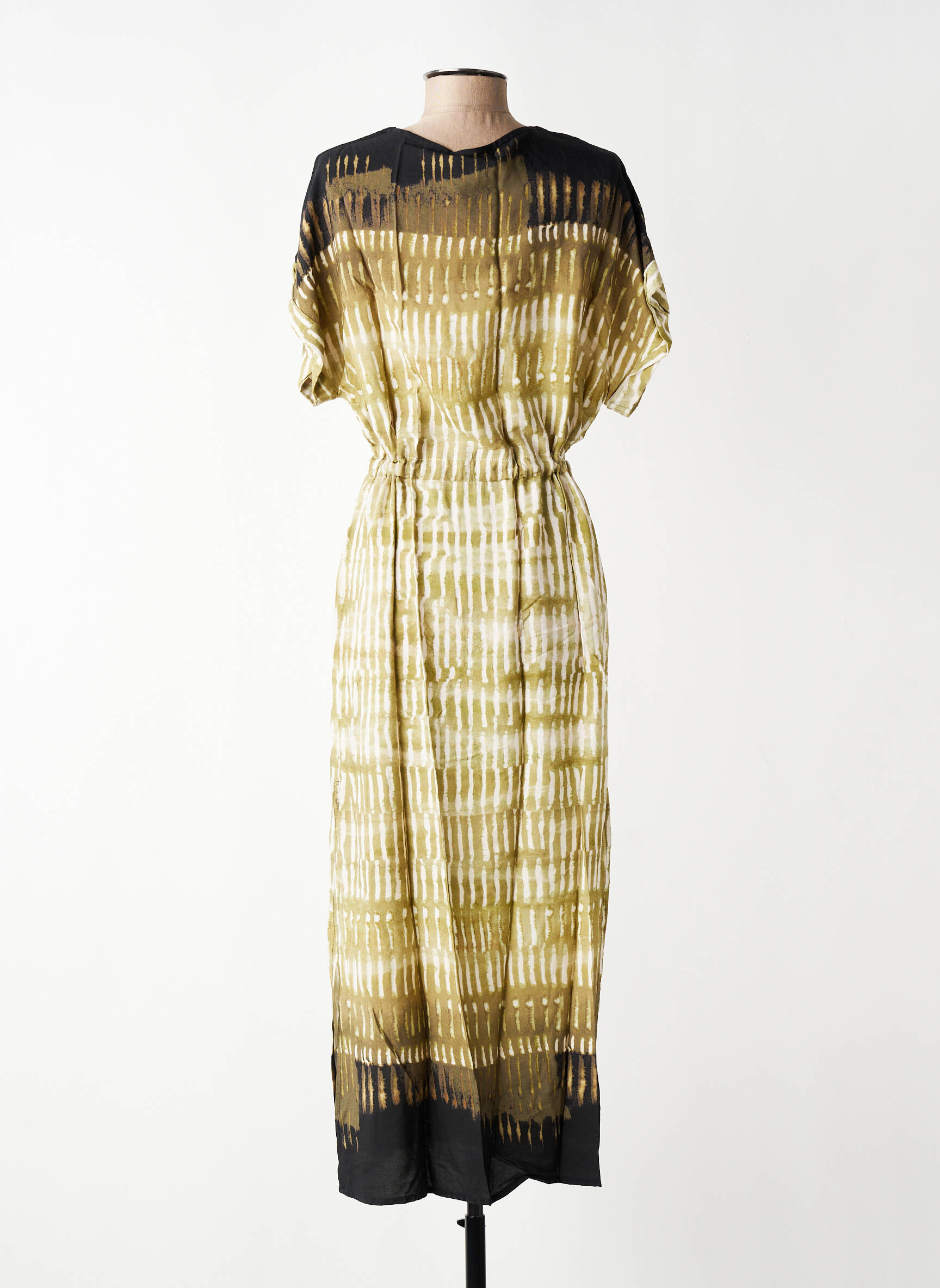 Robe longue tissage popeline manches courtes vert LA FEE MARABOUTEE femme