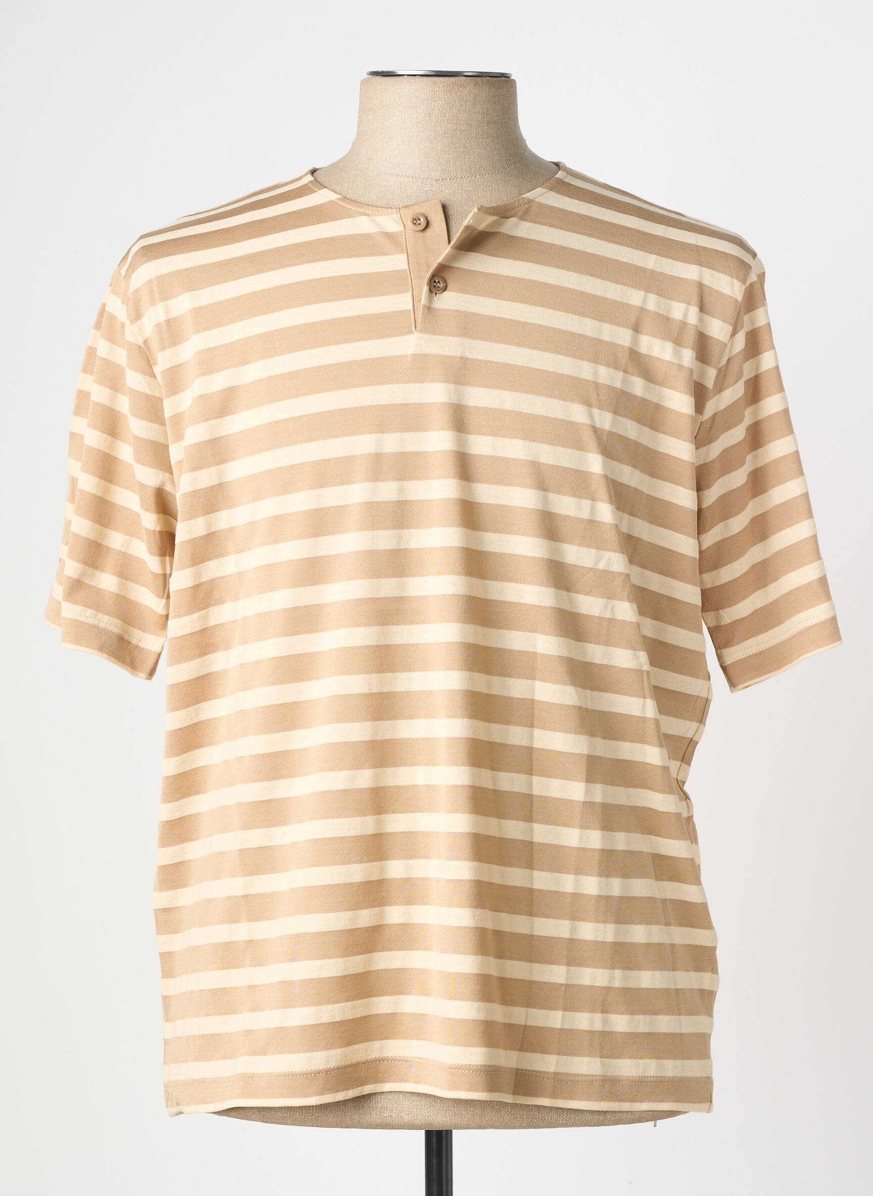 T-shirt col tunisien manches courtes beige WOOL & CO homme