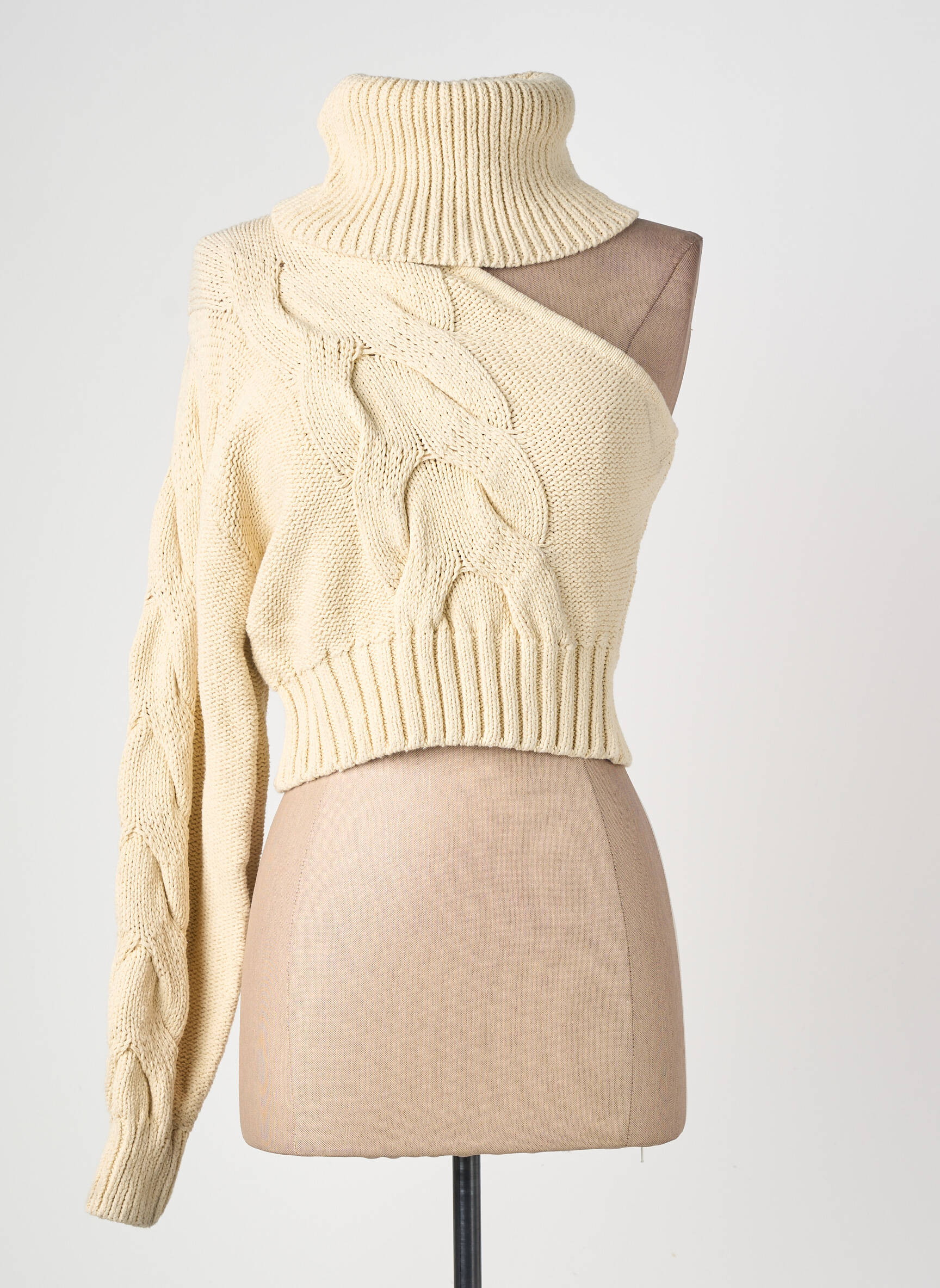 Pull col roulé maille torsadée manches longues beige H&M femme