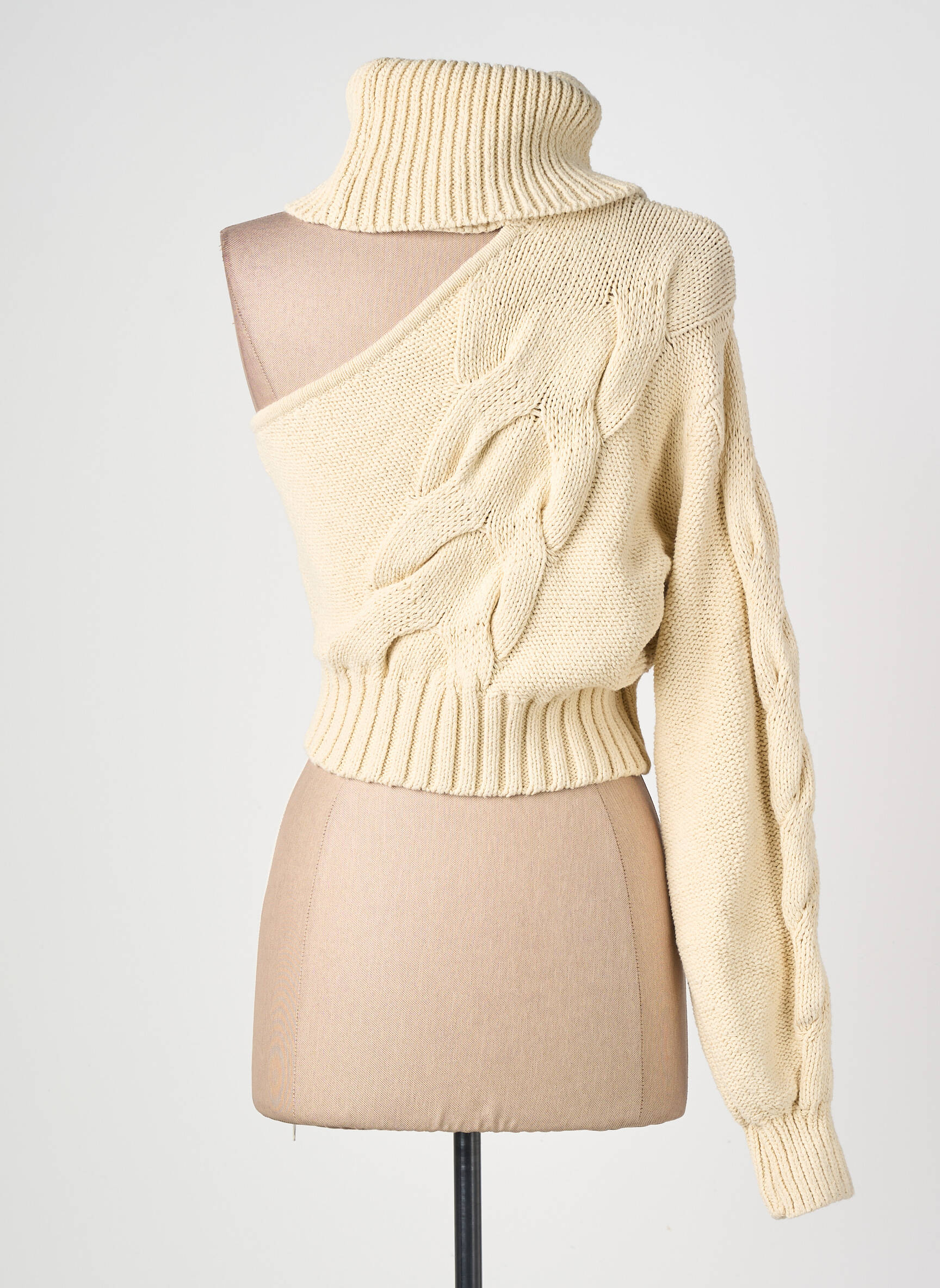 Pull col roulé maille torsadée manches longues beige H&M femme