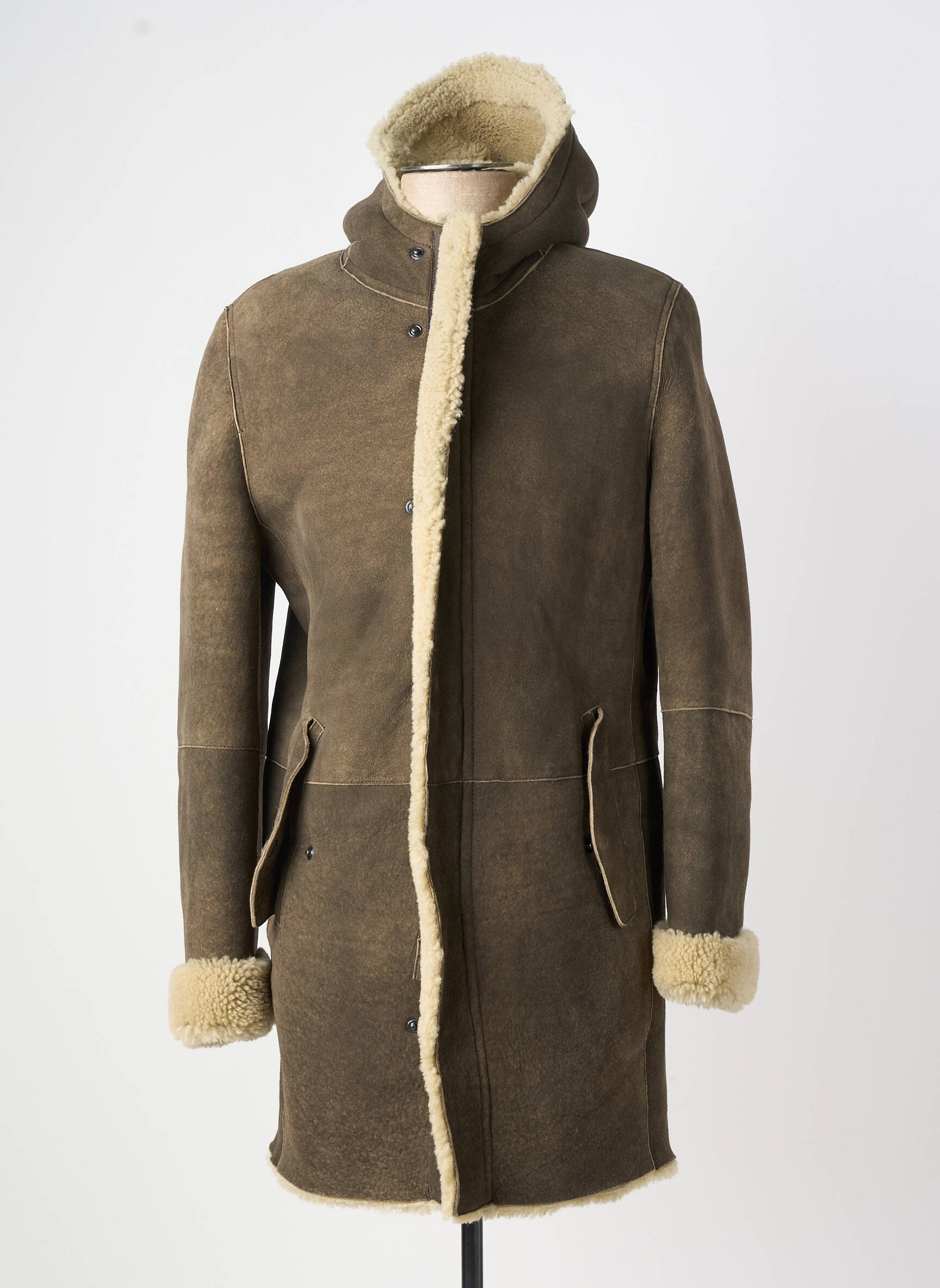 Manteau long finition intérieure fourrure synthétique a capuche marron GMS-75 homme