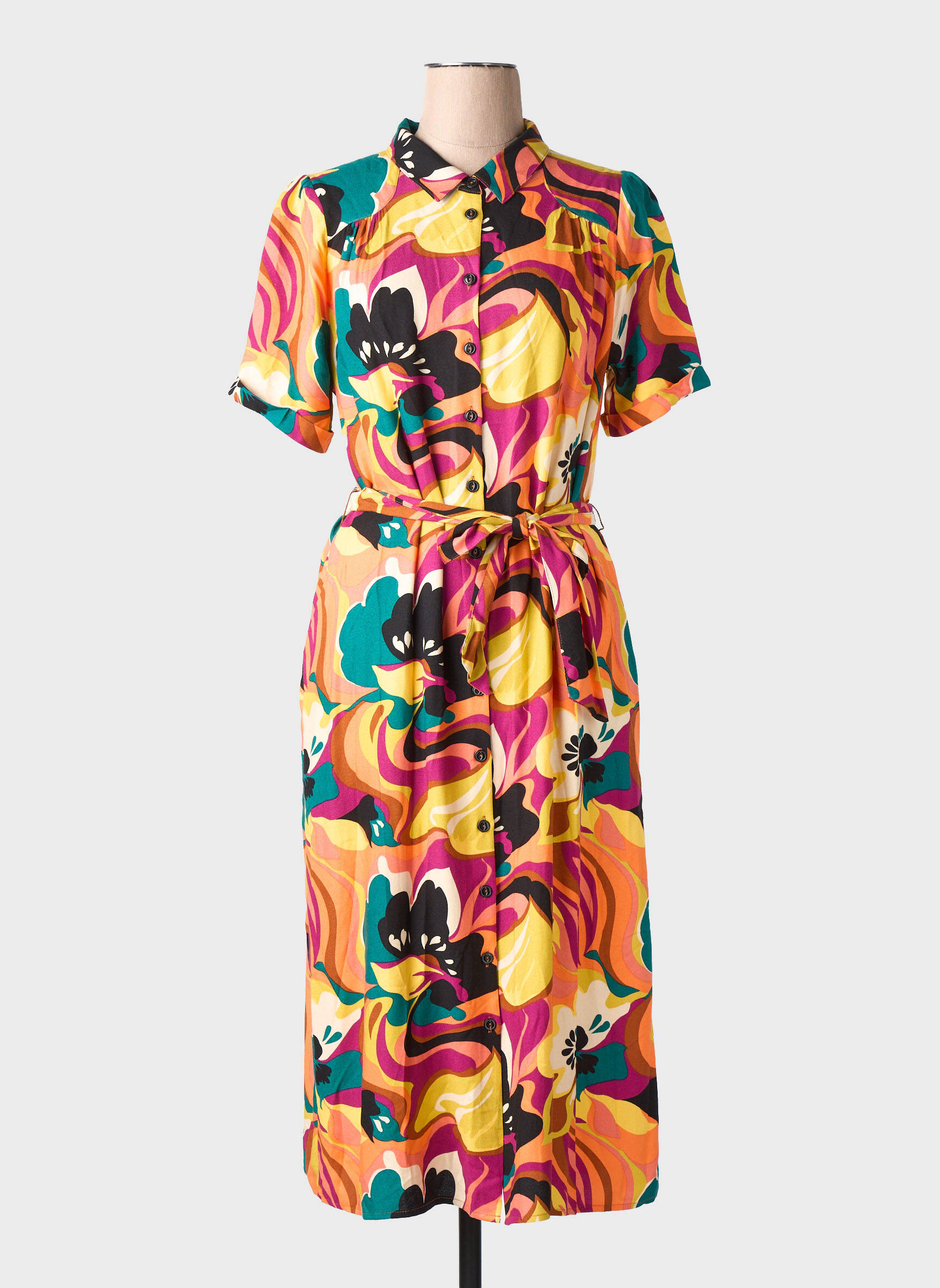 Robe mi-longue imprimé fleurs manches courtes orange KING LOUIE femme