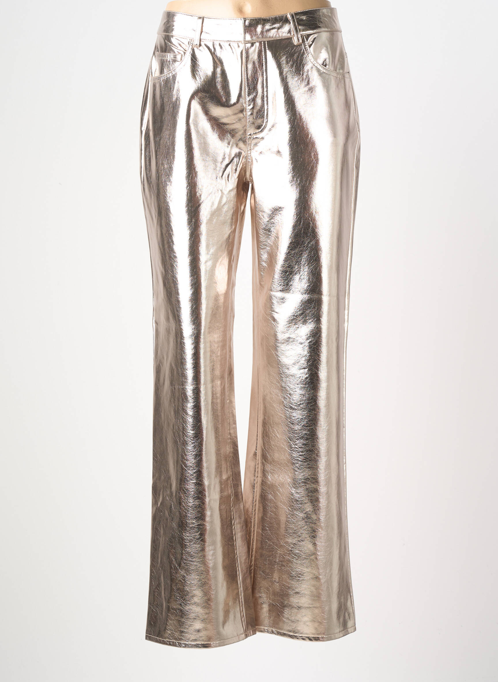 Pantalon flare fermeture zippée sous rabat avec crochet taille haute or SOAKED femme