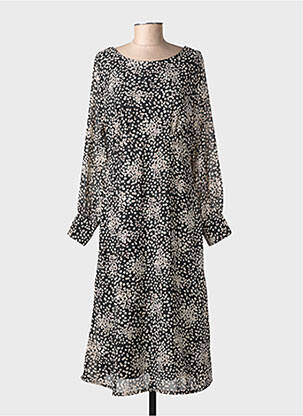 Robe mi-longue imprimé fantaisie manches longues noir ICHI femme