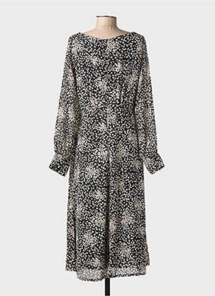 Robe mi-longue imprimé fantaisie manches longues noir ICHI femme
