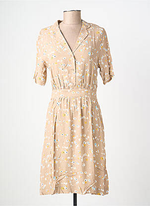 Robe mi-longue imprimé fantaisie manches courtes beige ICHI femme