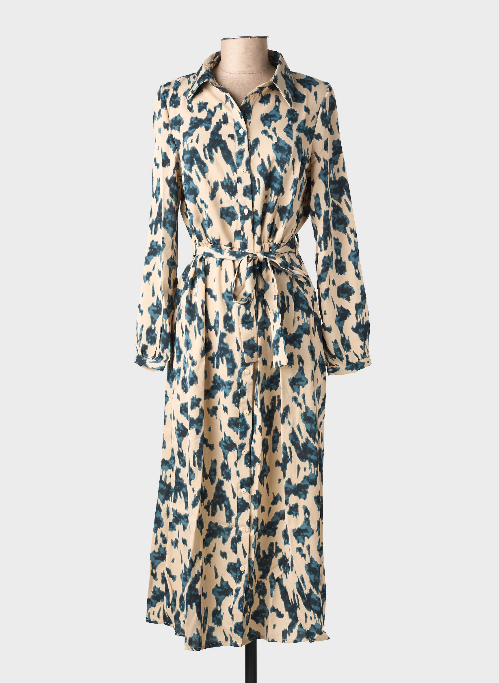 Robe longue imprimé fantaisie manches longues beige AKOZ DE TOI femme