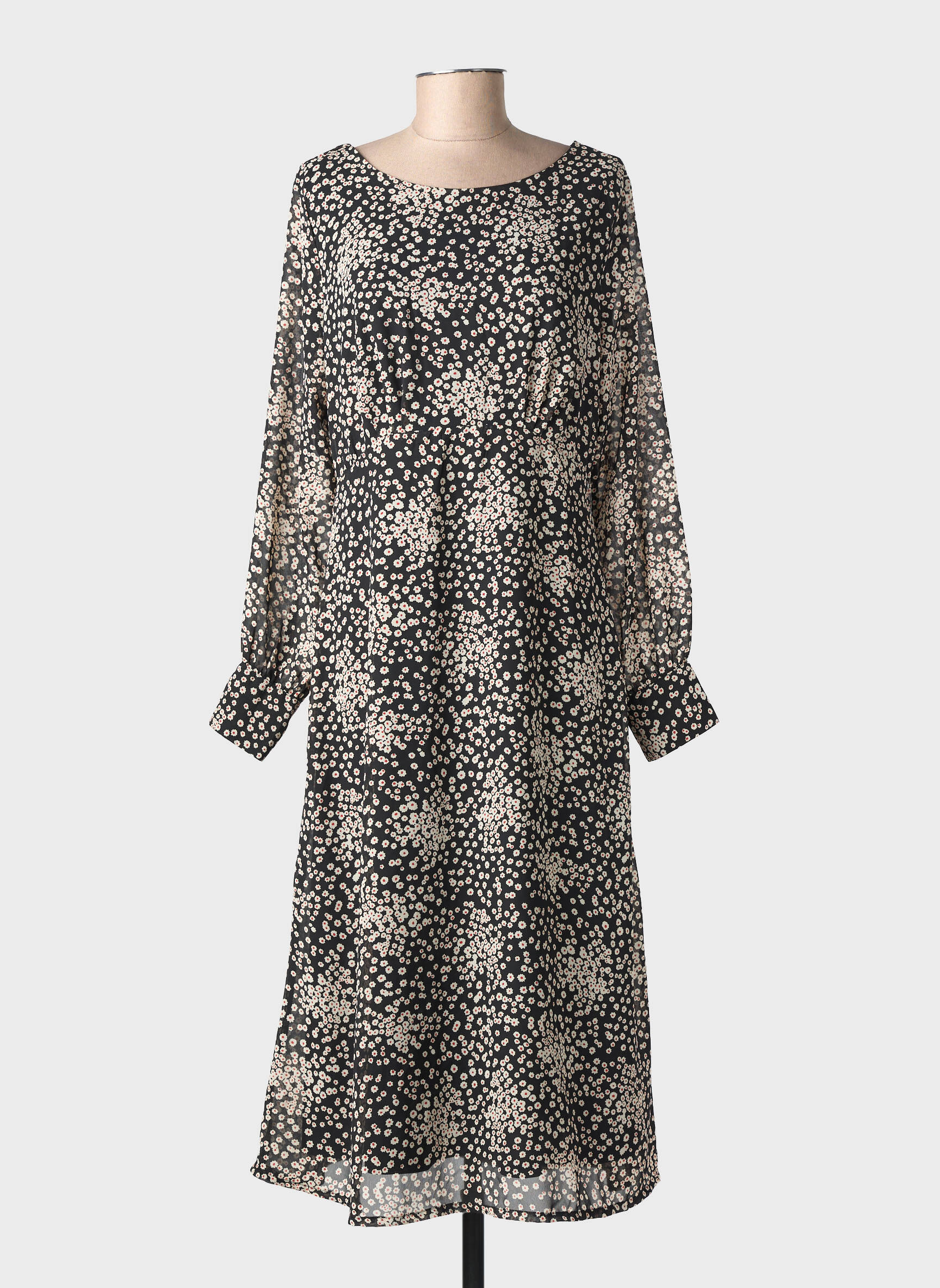Robe mi-longue imprimé fantaisie manches longues noir ICHI femme