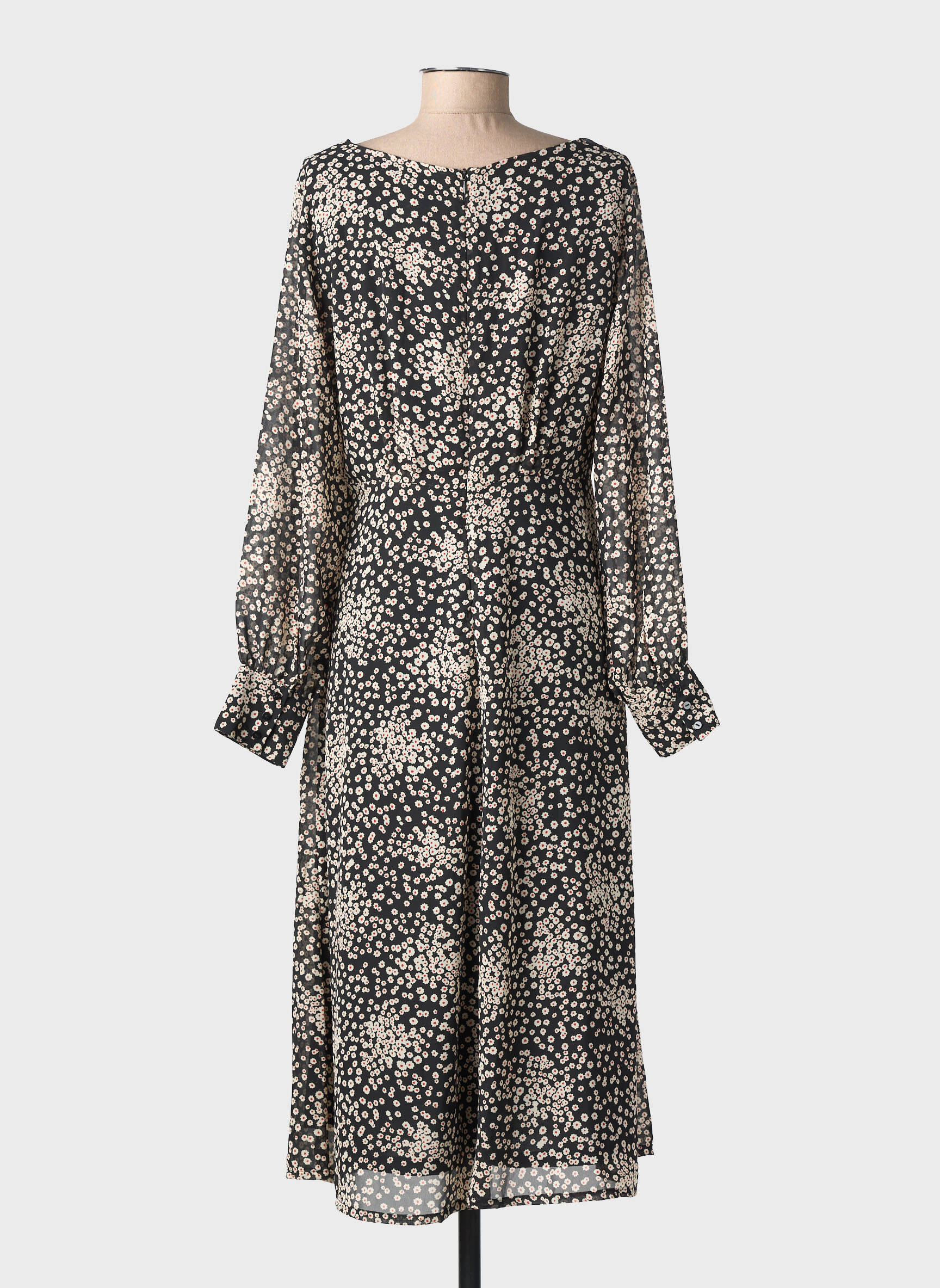 Robe mi-longue imprimé fantaisie manches longues noir ICHI femme