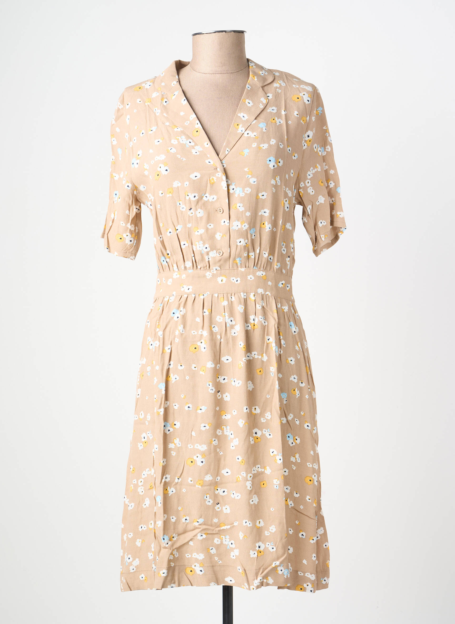 Robe mi-longue imprimé fantaisie manches courtes beige ICHI femme