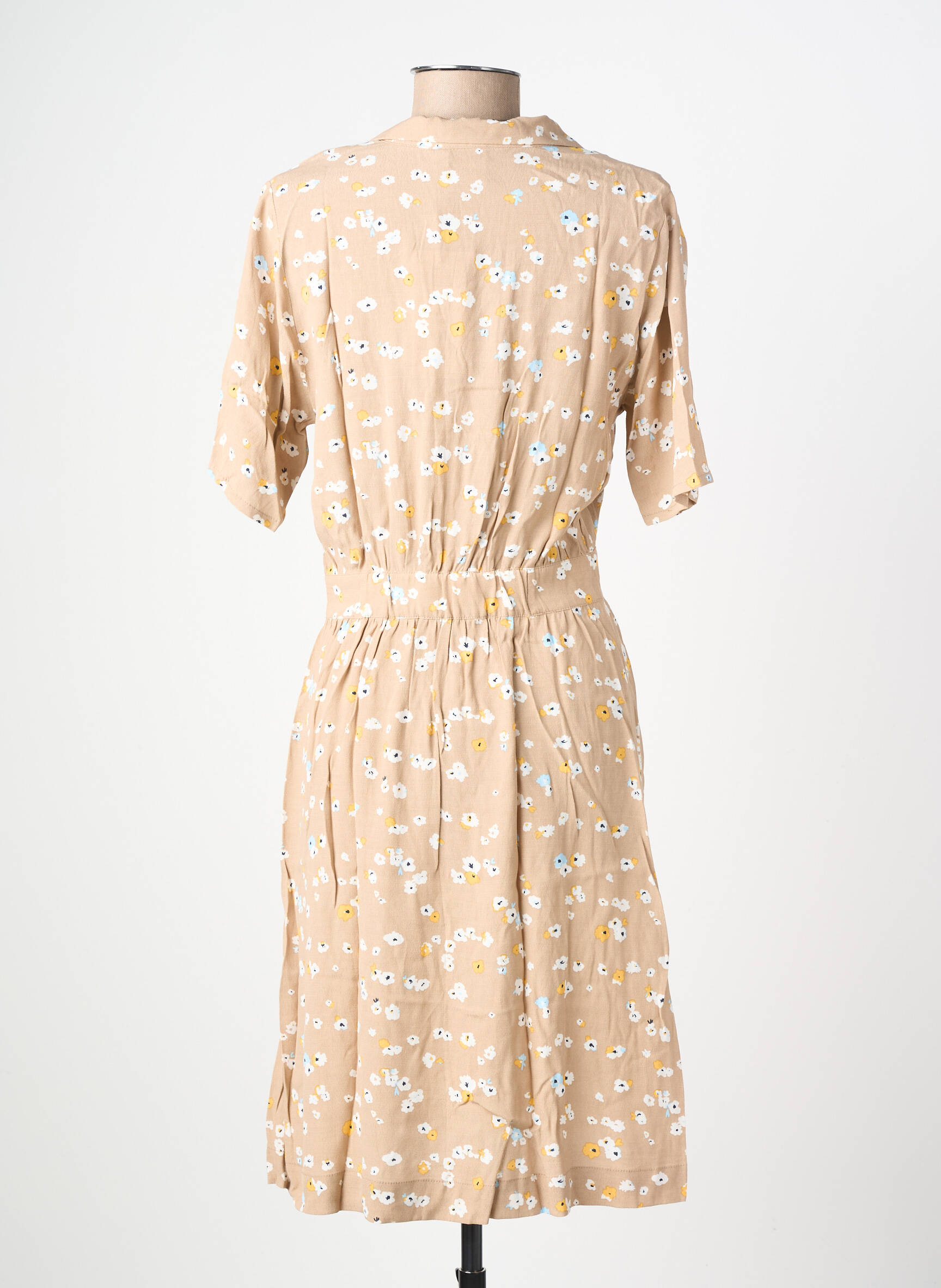 Robe mi-longue imprimé fantaisie manches courtes beige ICHI femme