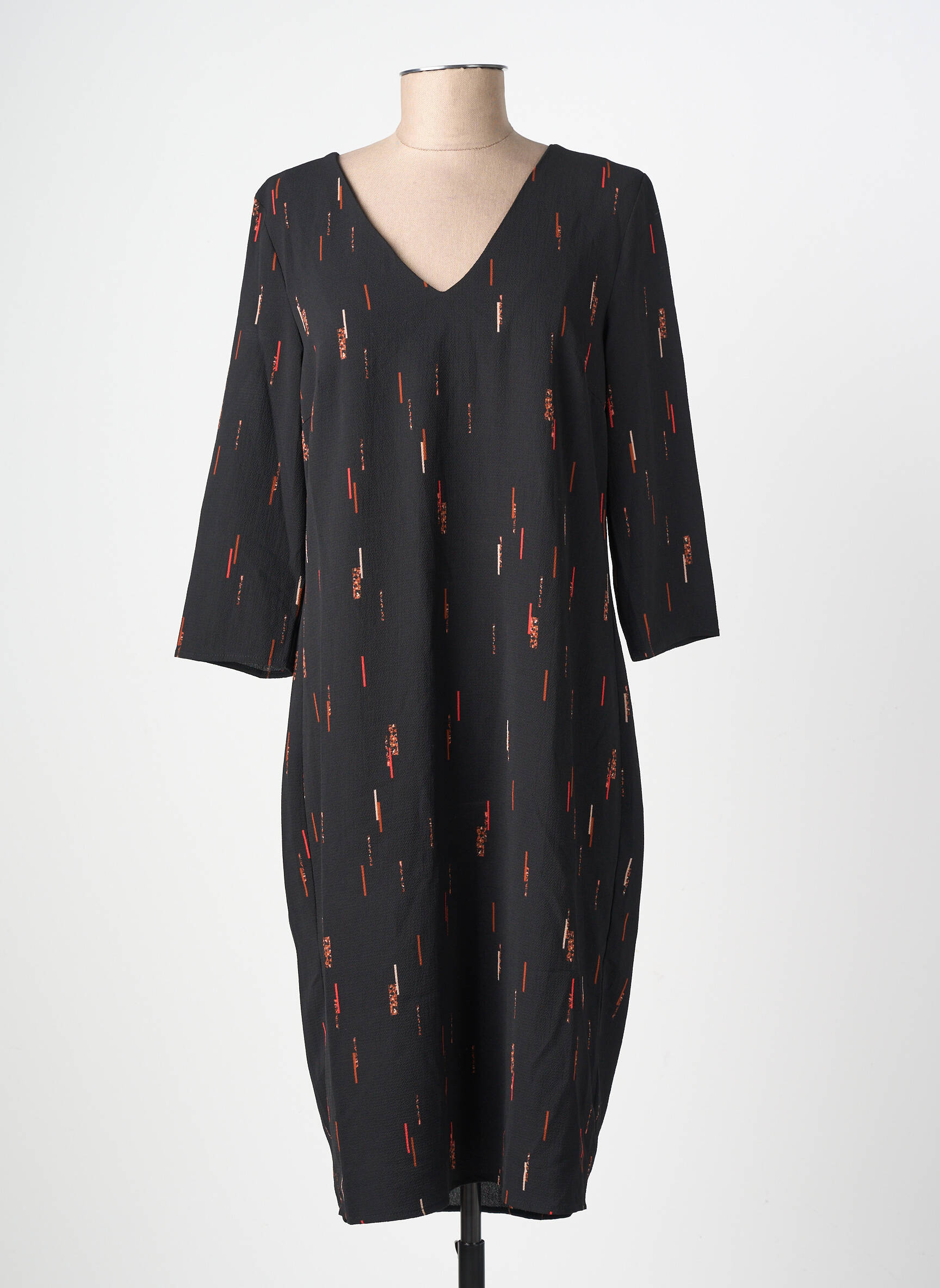 Robe mi-longue imprimé fantaisie manches longues noir ICHI femme