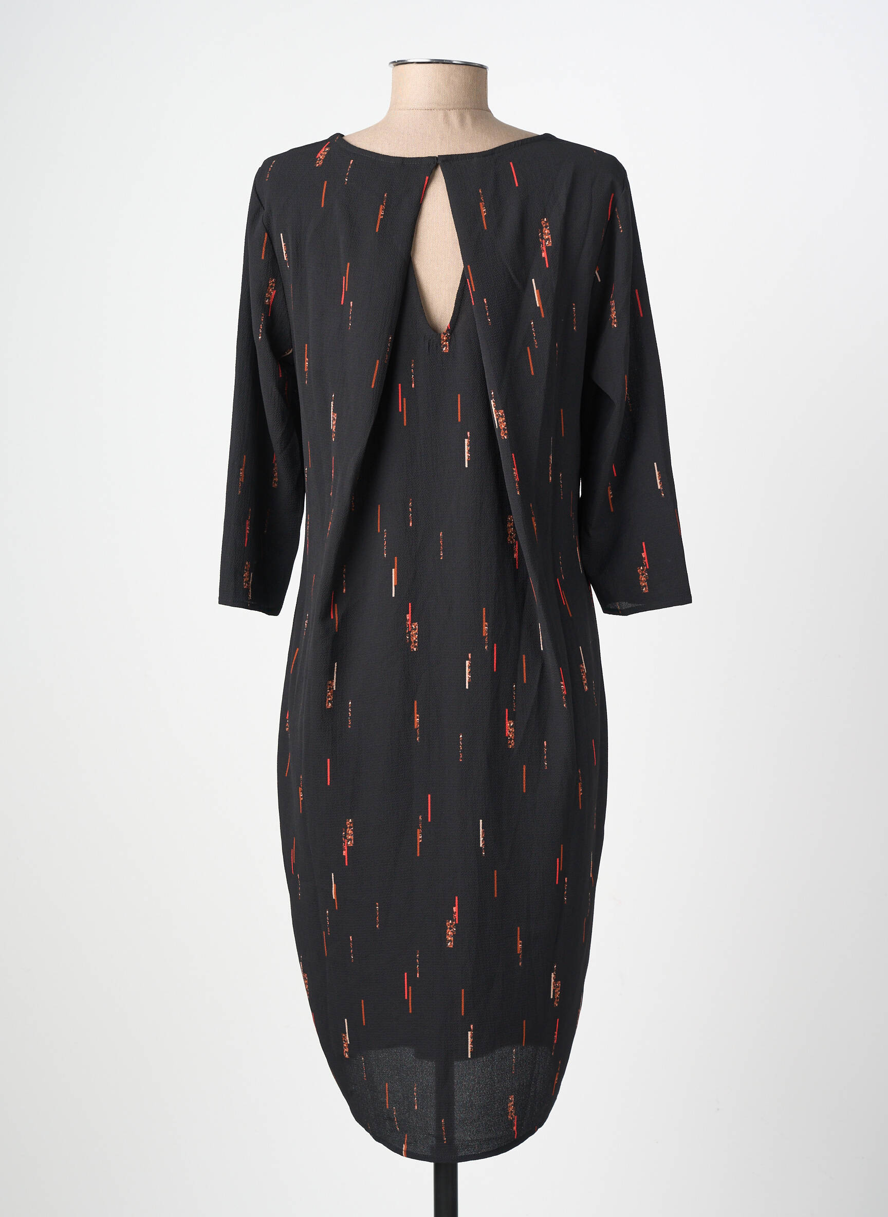 Robe mi-longue imprimé fantaisie manches longues noir ICHI femme