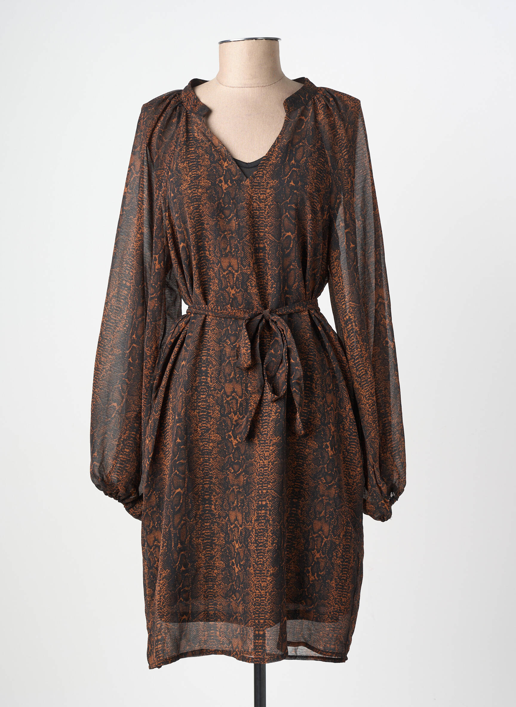 Robe courte manches longues manches longues marron ICHI femme