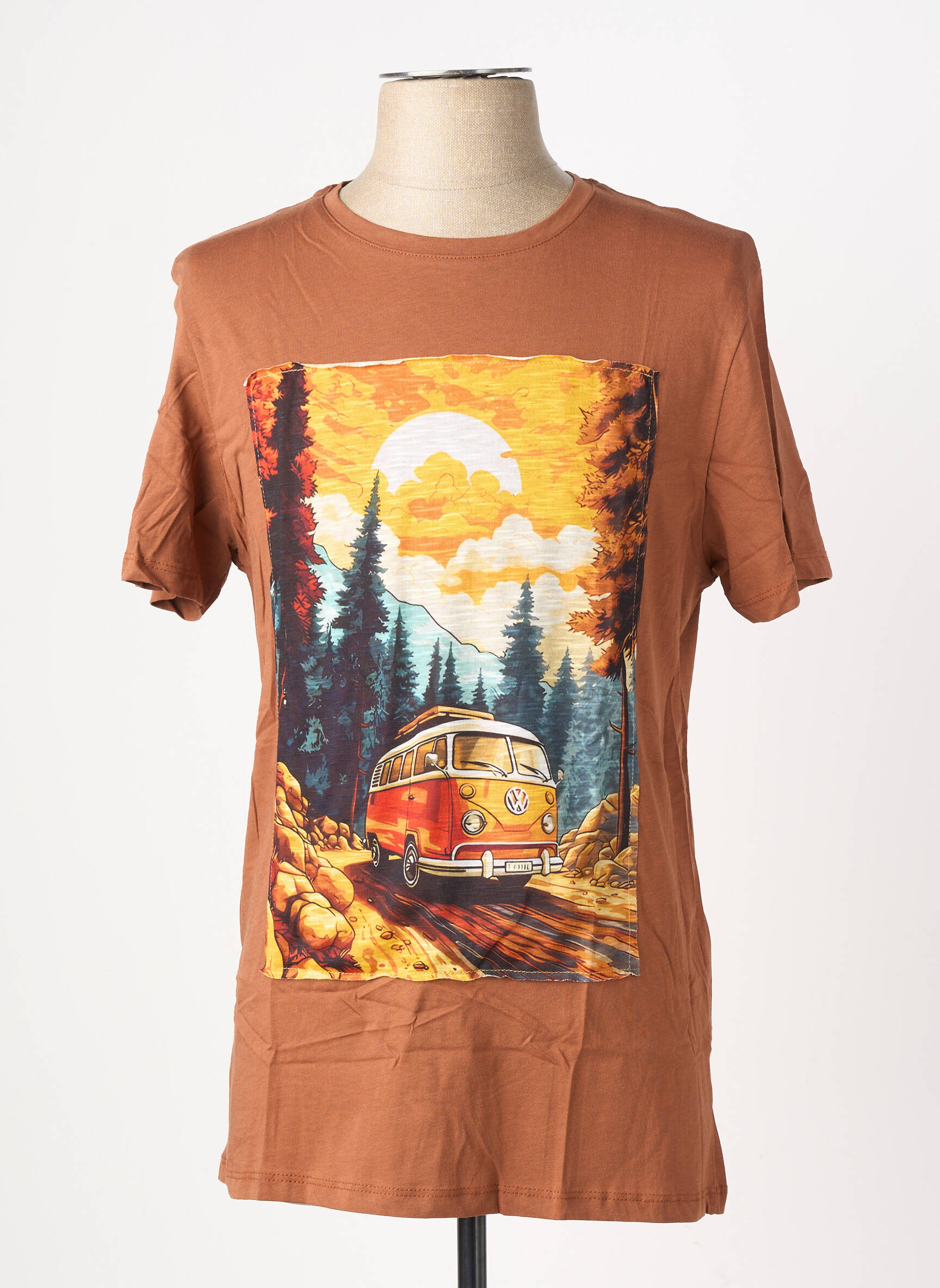 T-shirt broderie manches courtes marron OAKS VALLEY homme