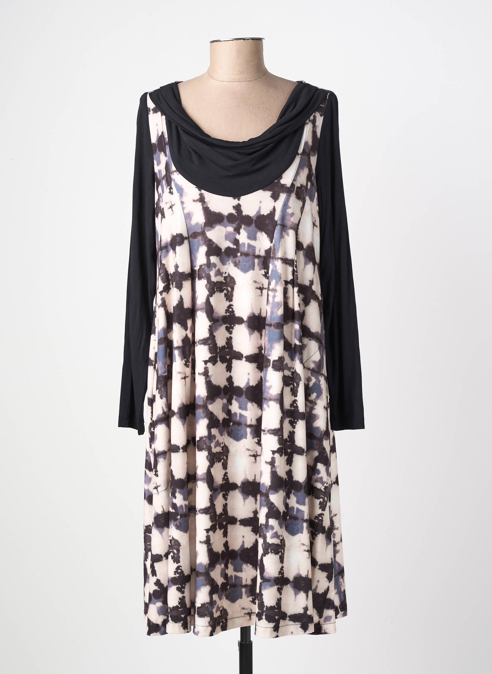 Robe mi-longue imprimé fantaisie manches longues noir AN II VITO femme