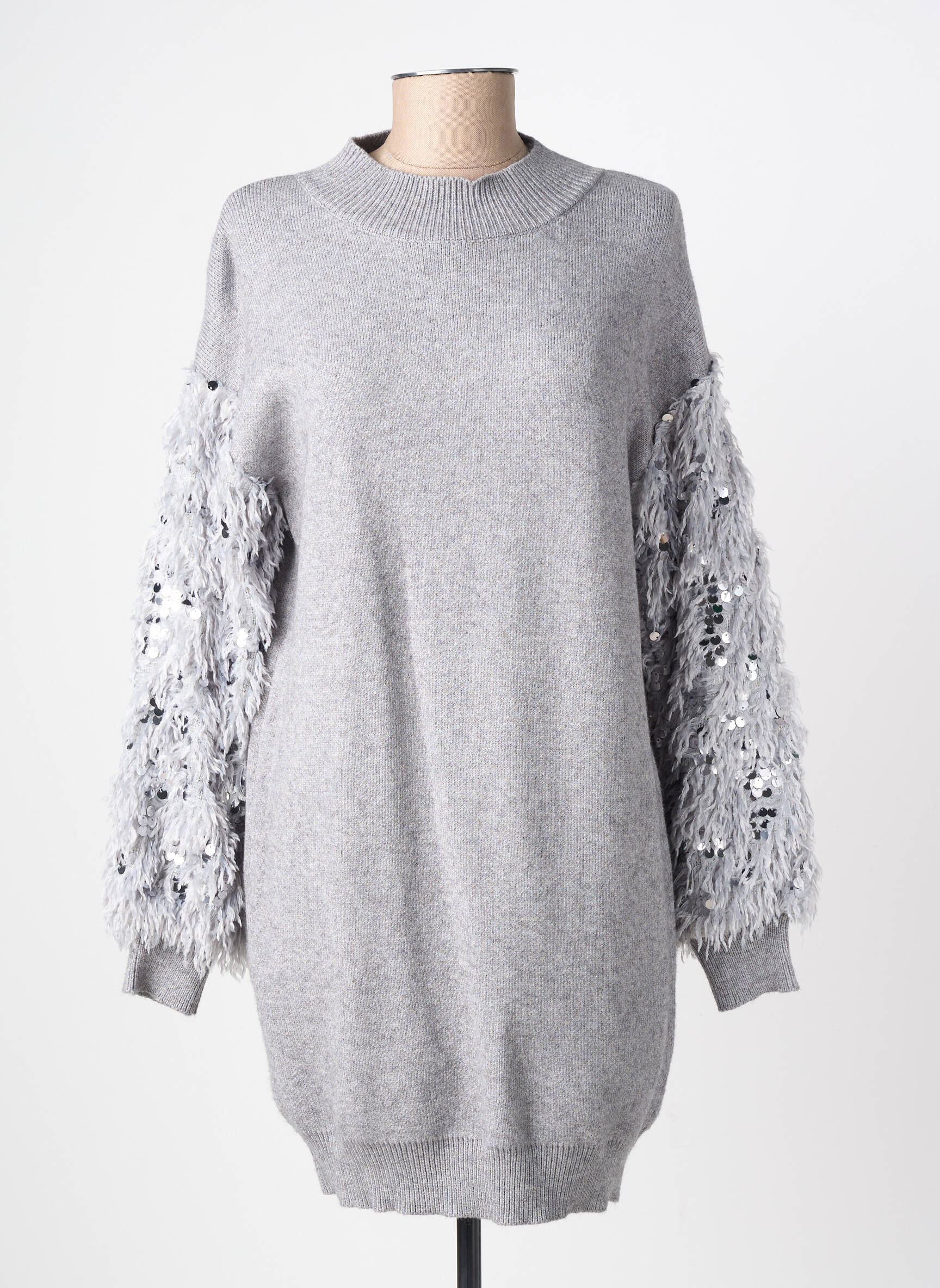 Robe pull resserrée sur le bas manches longues gris CHERRY PARIS femme
