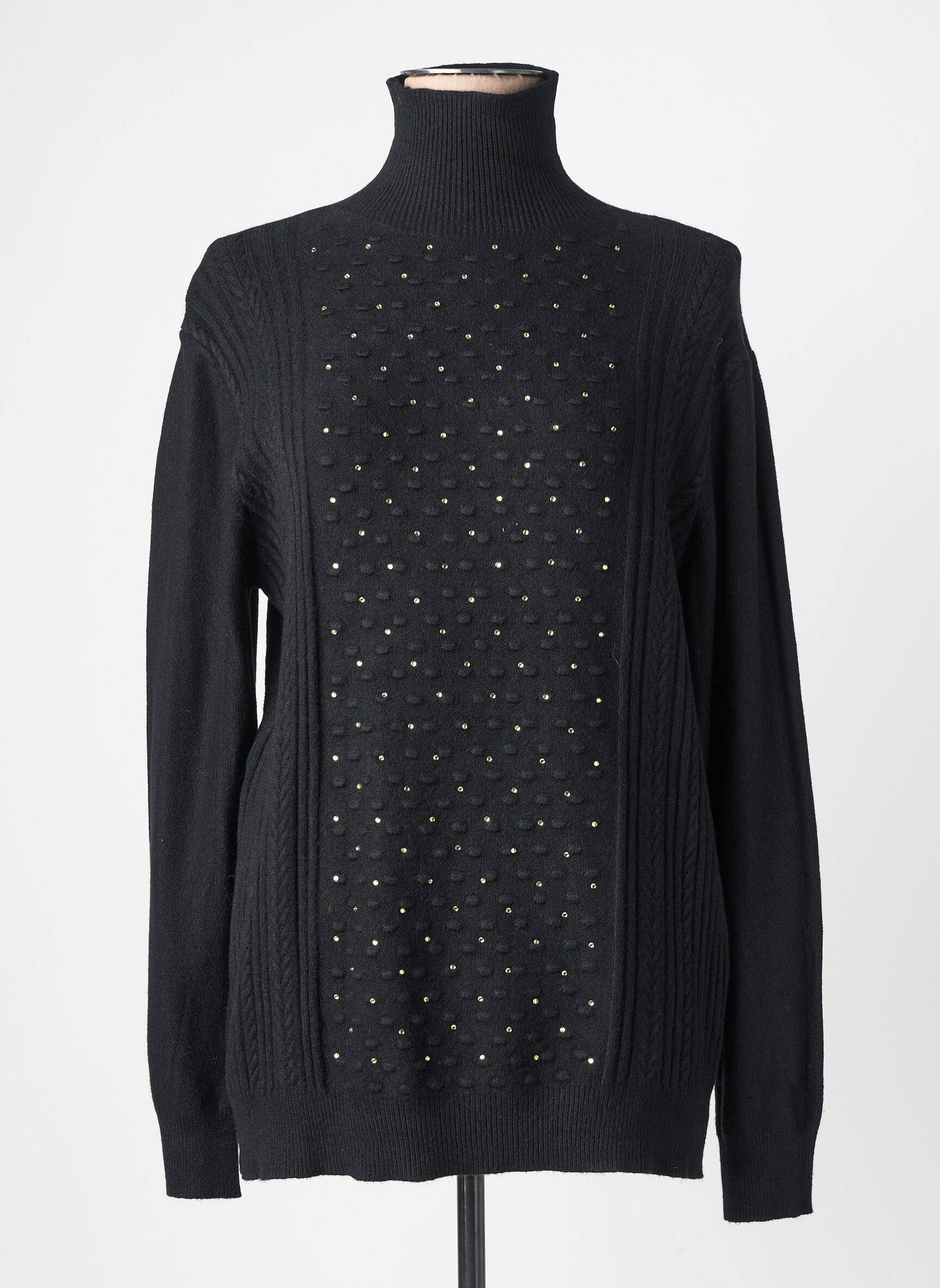 Pull col roulé maille torsadée manches longues noir KALISSON femme