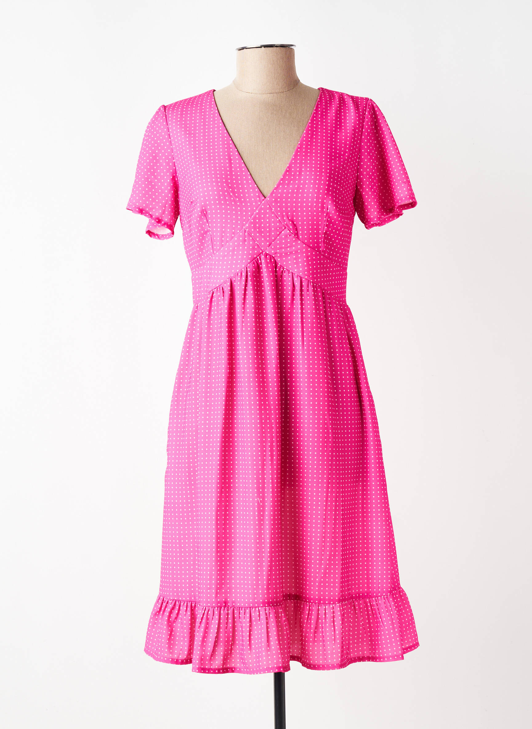 Robe mi-longue tissage crêpe manches courtes rose TIMELESS femme
