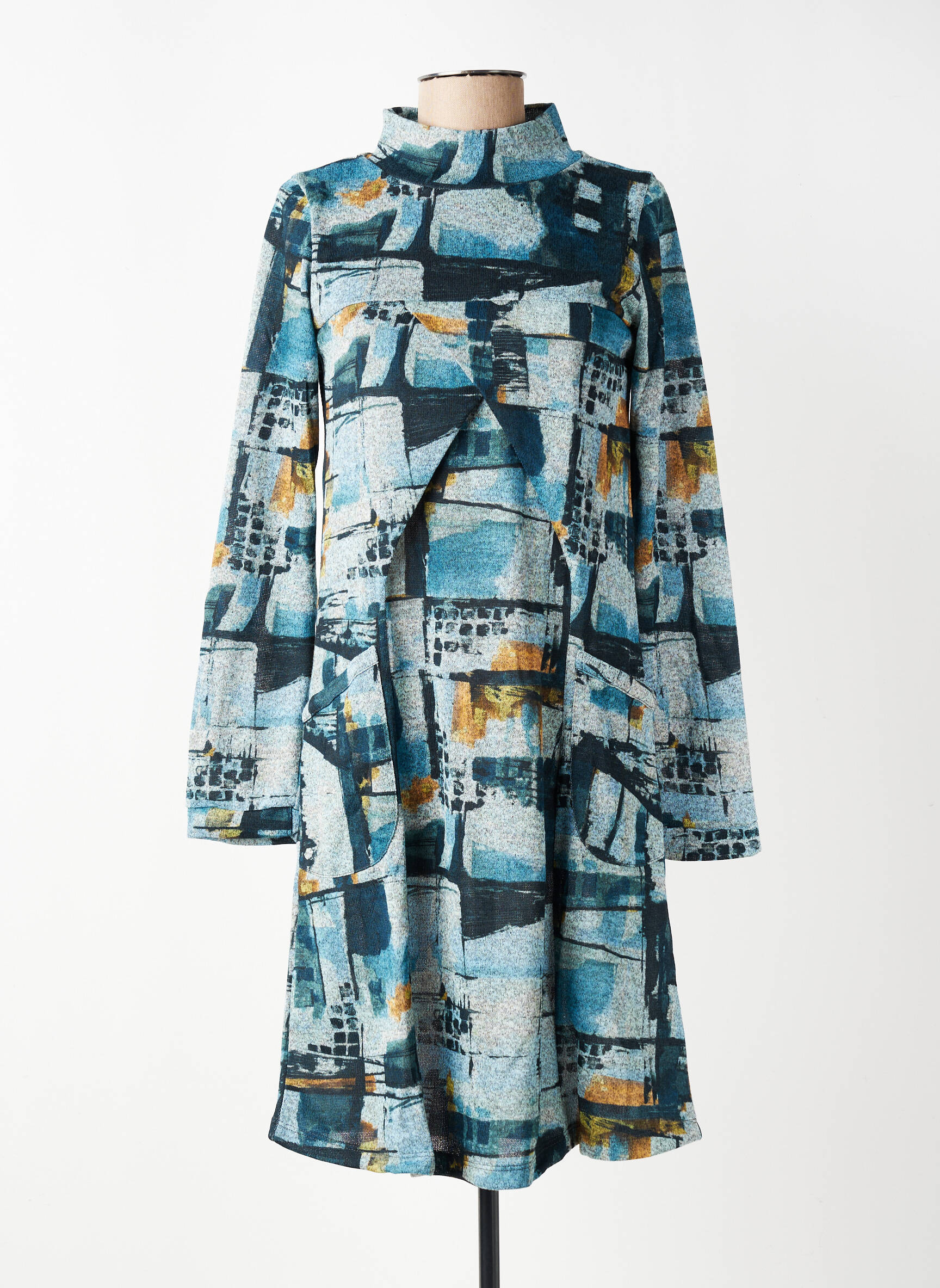 Robe mi-longue imprimé fantaisie manches longues bleu COUTURIST femme