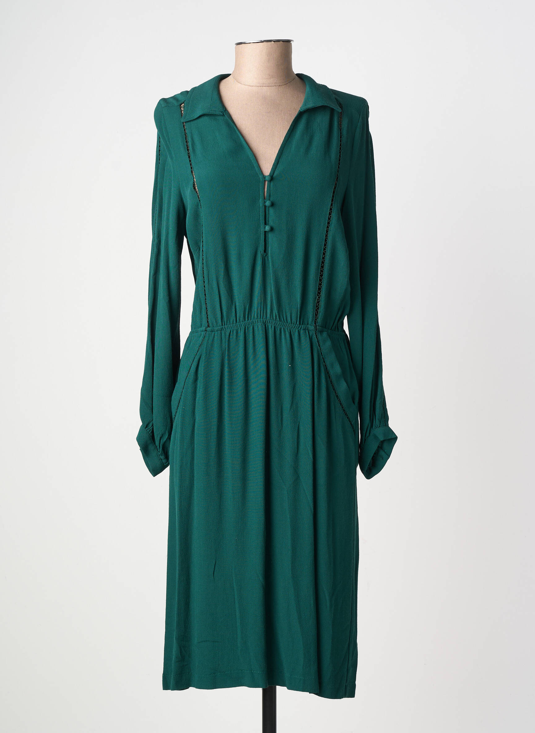Robe mi-longue tissage crêpe manches longues vert LA PETITE FRANCAISE femme