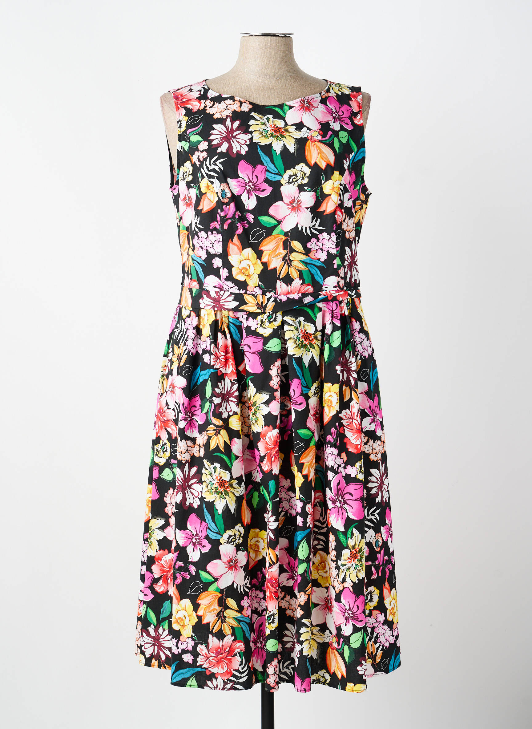 Robe mi-longue imprimé fleurs sans manche noir VERA MONT femme