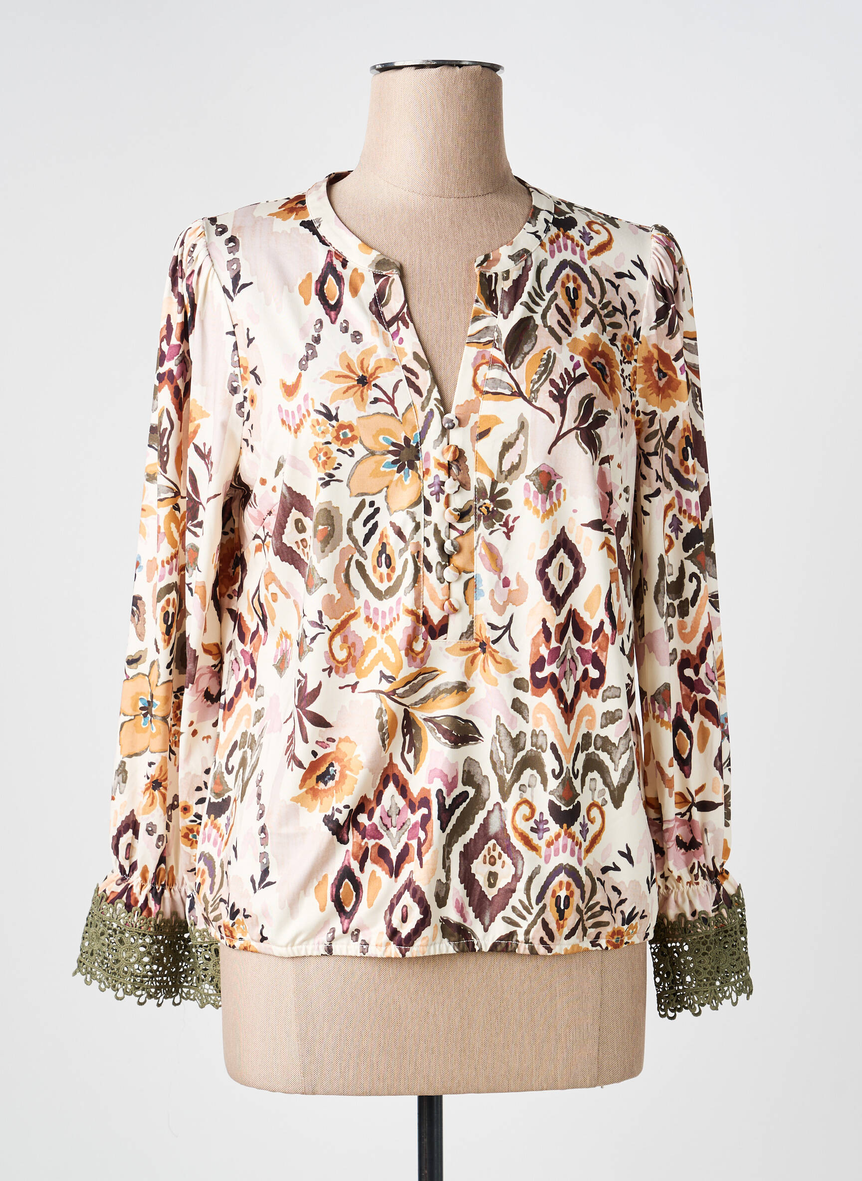 Blouse imprimé fleurs manches longues beige K-DESIGN femme