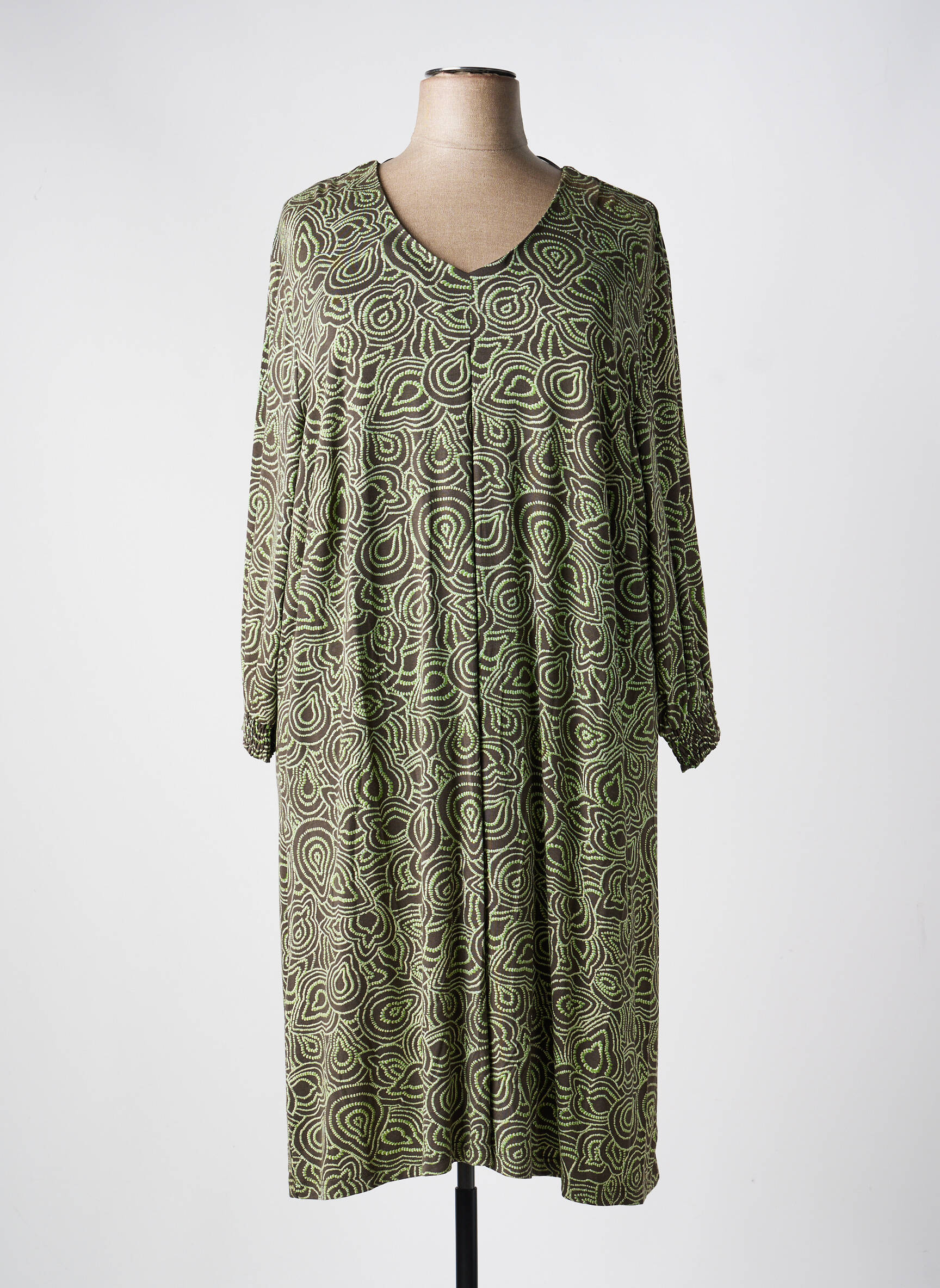 Robe mi-longue imprimé fantaisie manches longues vert CISO femme