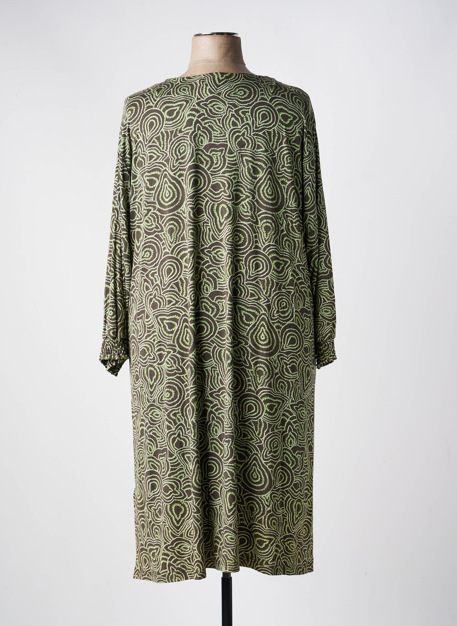 Robe mi-longue imprimé fantaisie manches longues vert CISO femme