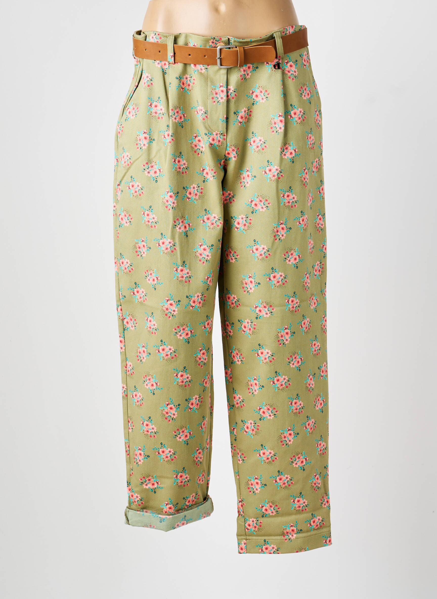 Pantalon droit fermeture zippée sous rabat boutonné vert DIXIE femme