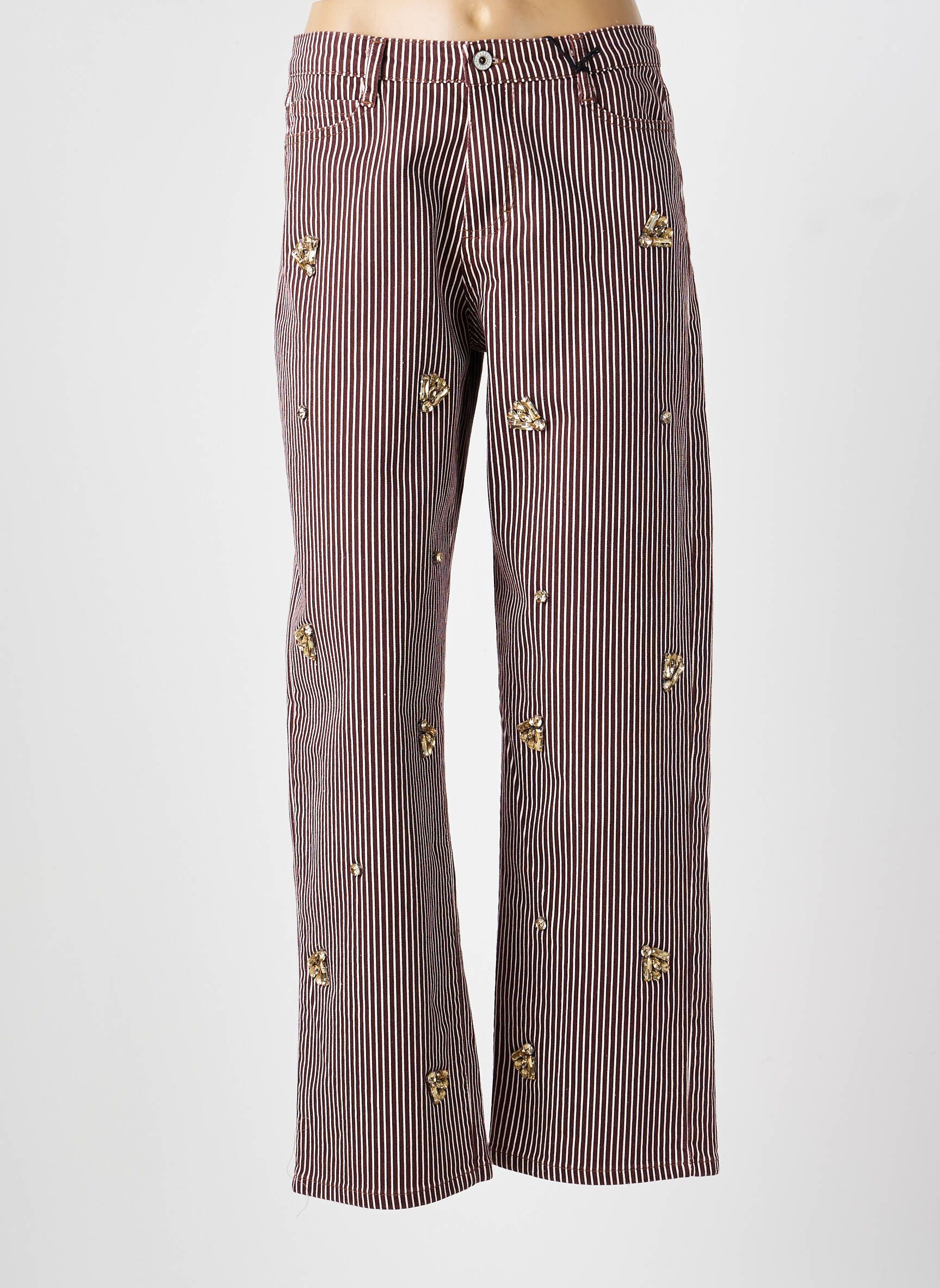 Pantalon droit fermeture zippée sous rabat boutonné marron PLEASE femme