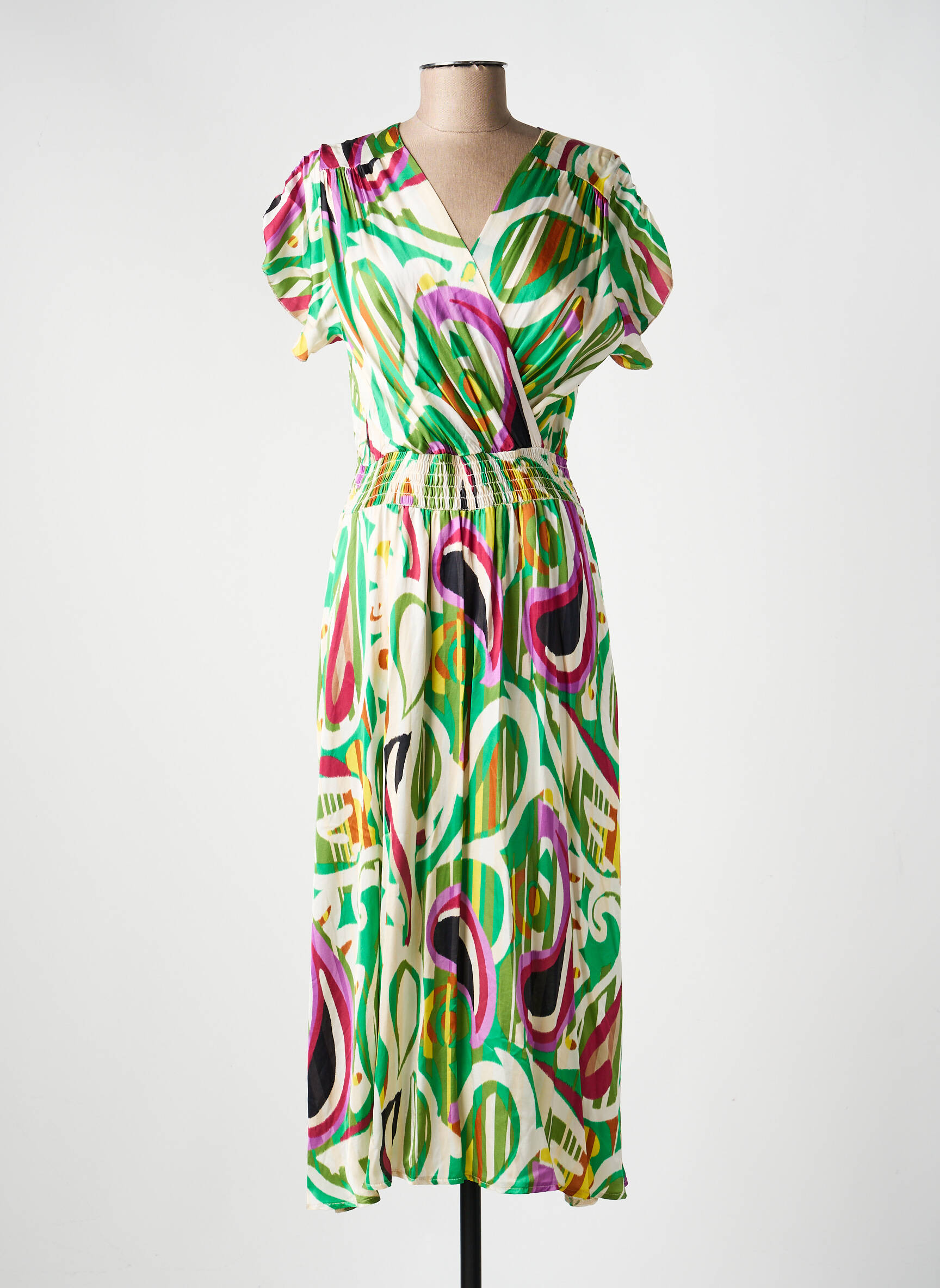 Robe mi-longue coupe fluide manches courtes vert PAKO LITTO femme