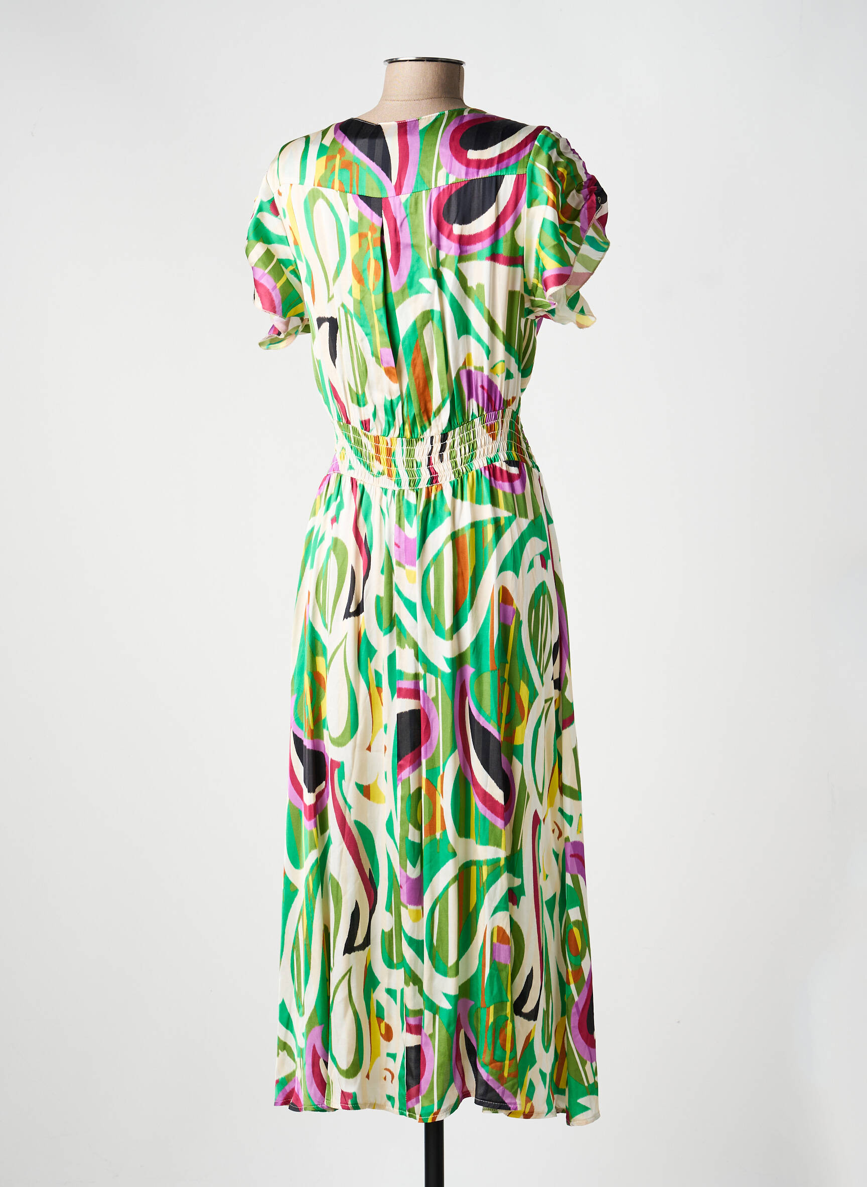 Robe mi-longue coupe fluide manches courtes vert PAKO LITTO femme