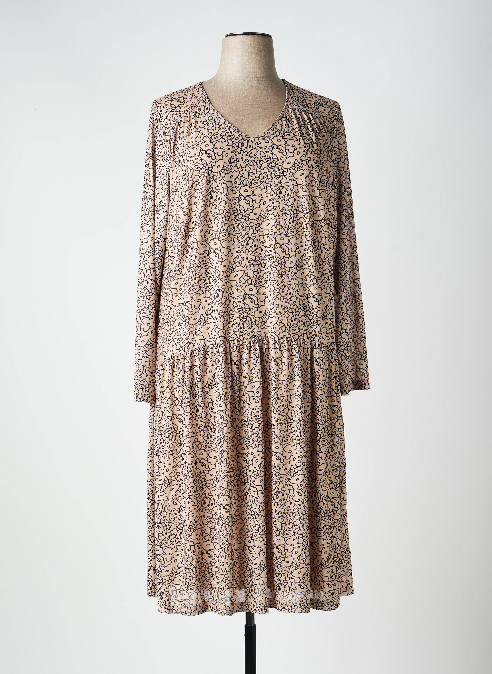 Robe longue imprimé fantaisie manches longues beige SHEEGO femme