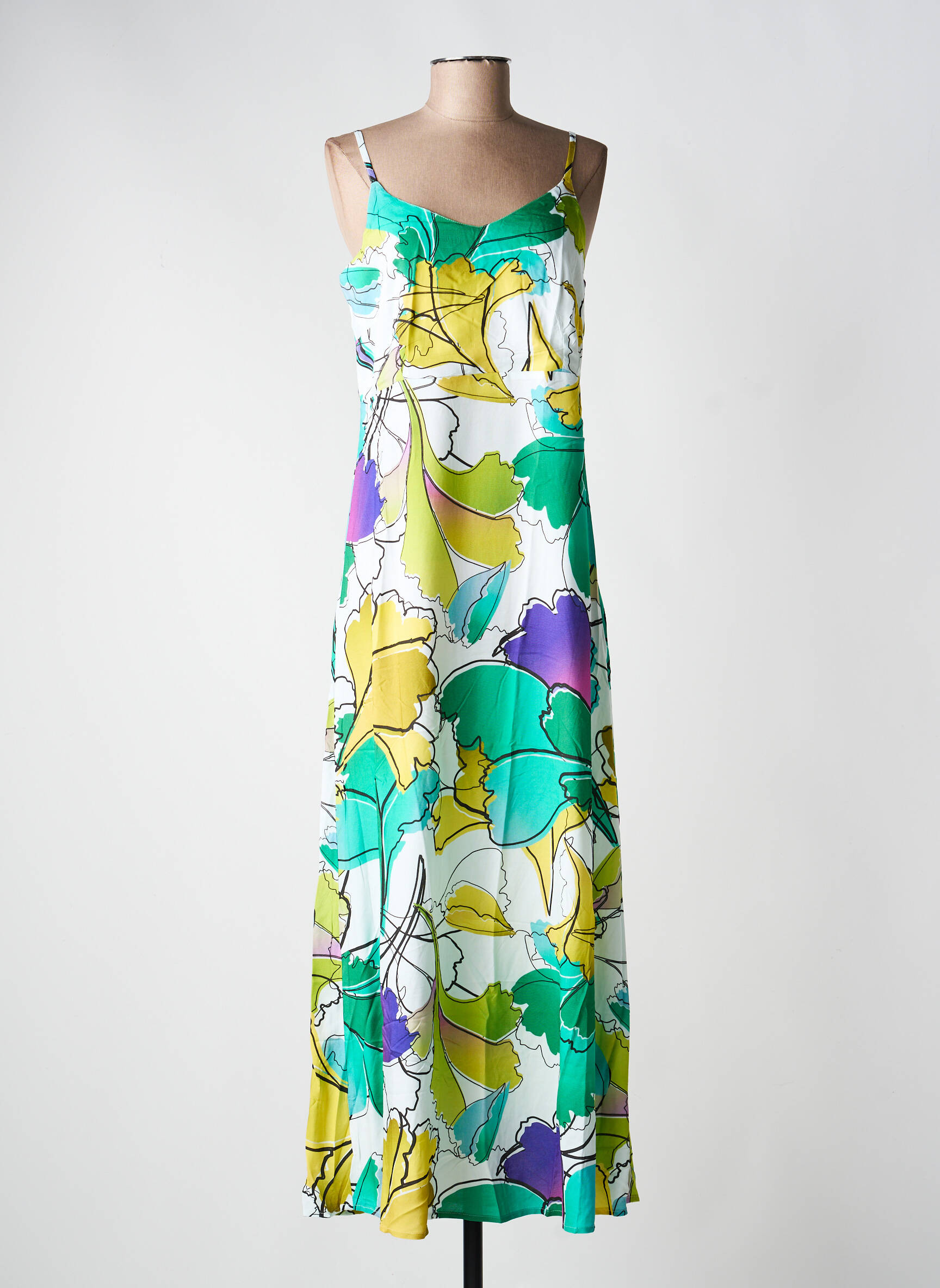 Robe longue imprimé fleurs fines bretelles vert LA FIANCÉE femme