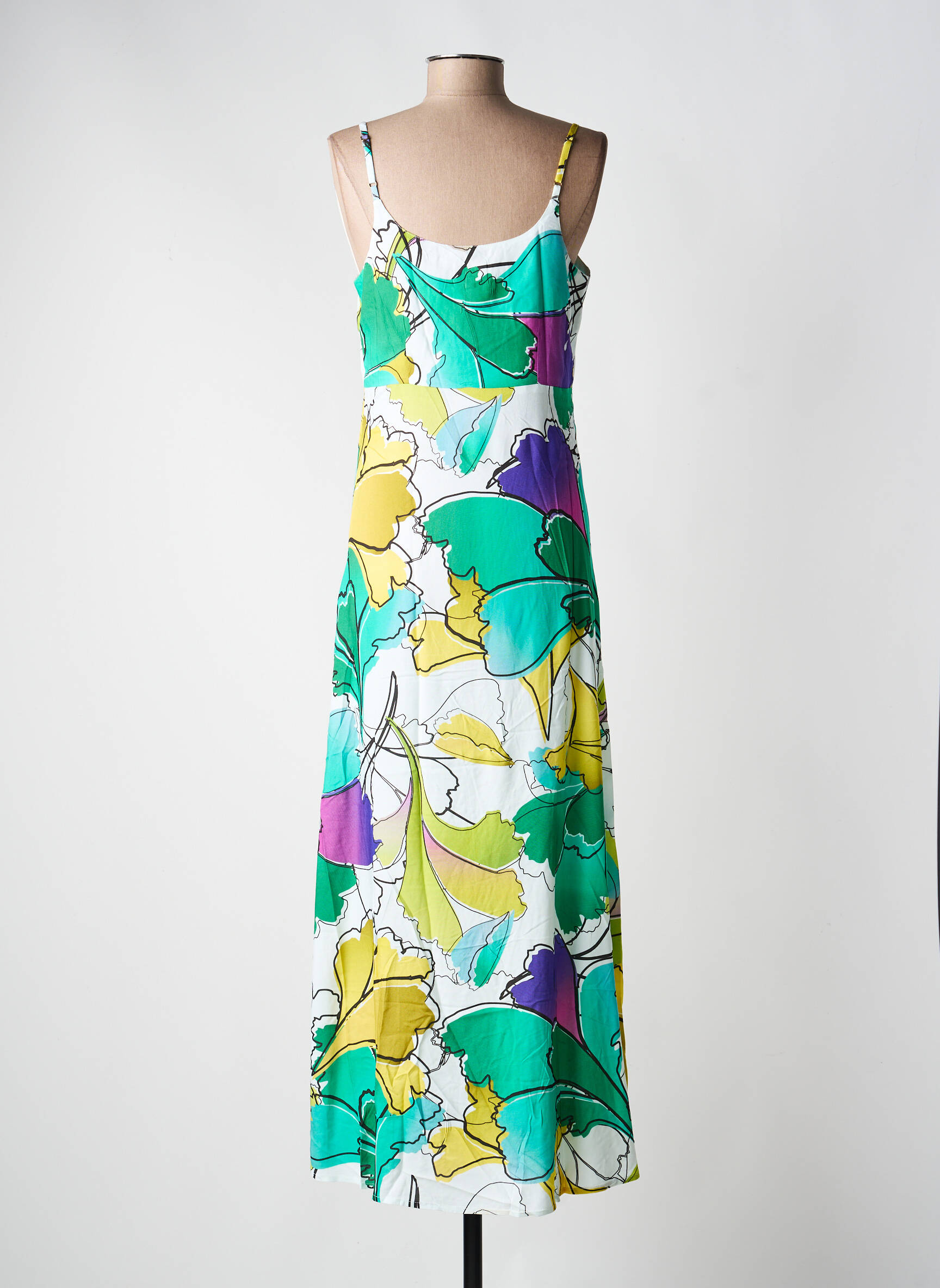 Robe longue imprimé fleurs fines bretelles vert LA FIANCÉE femme